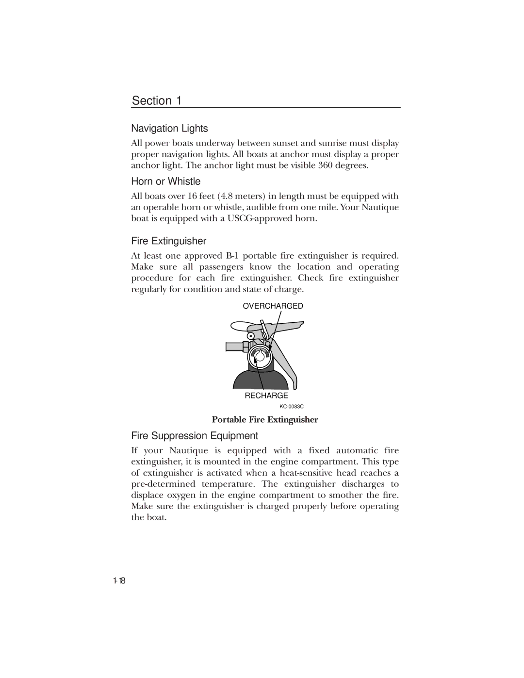 Nautique 90490 manual Section, Navigation Lights, Horn or Whistle, Fire Extinguisher, Fire Suppression Equipment 