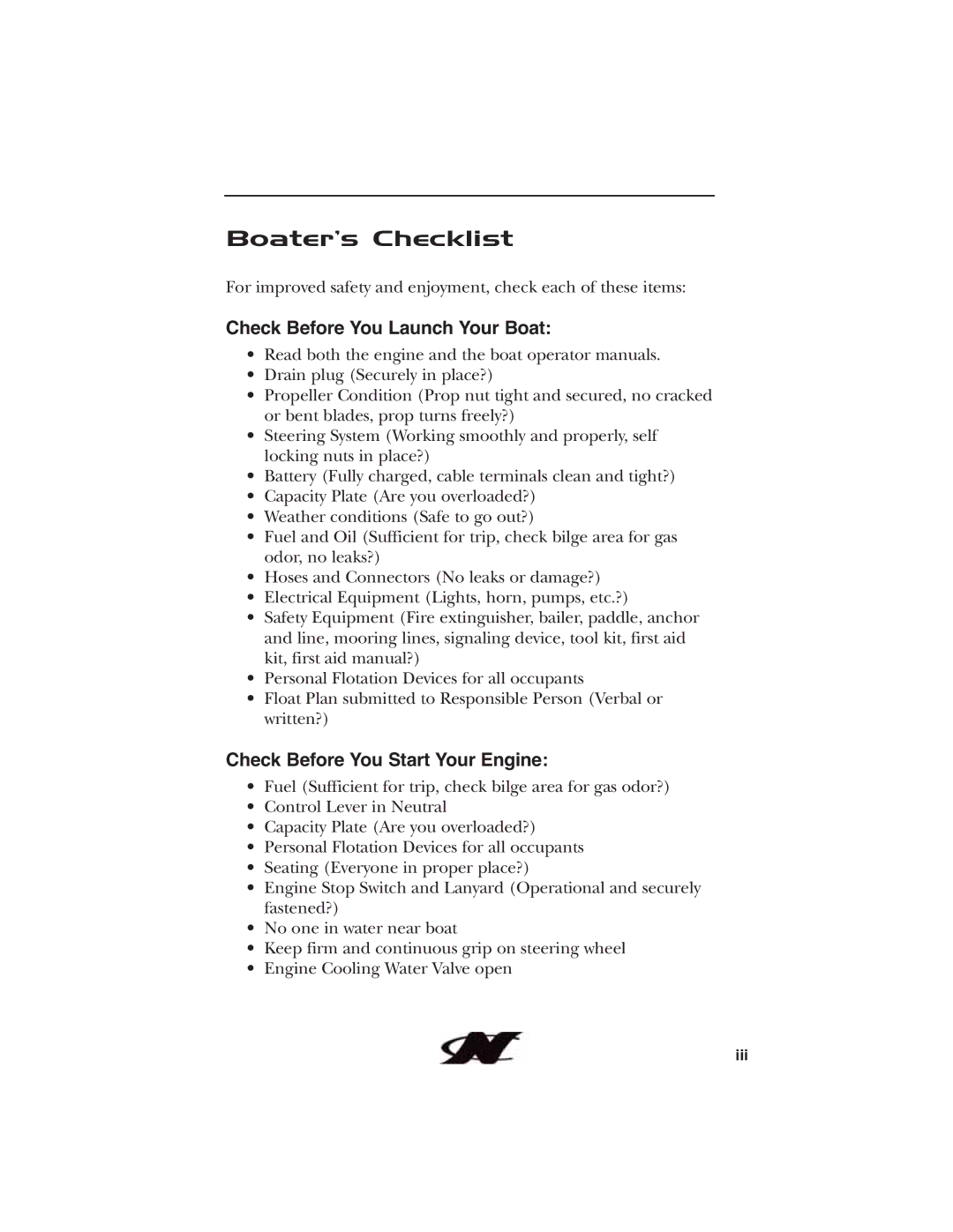 Nautique 90490 manual Boater’s Checklist, Check Before You Launch Your Boat, Check Before You Start Your Engine 