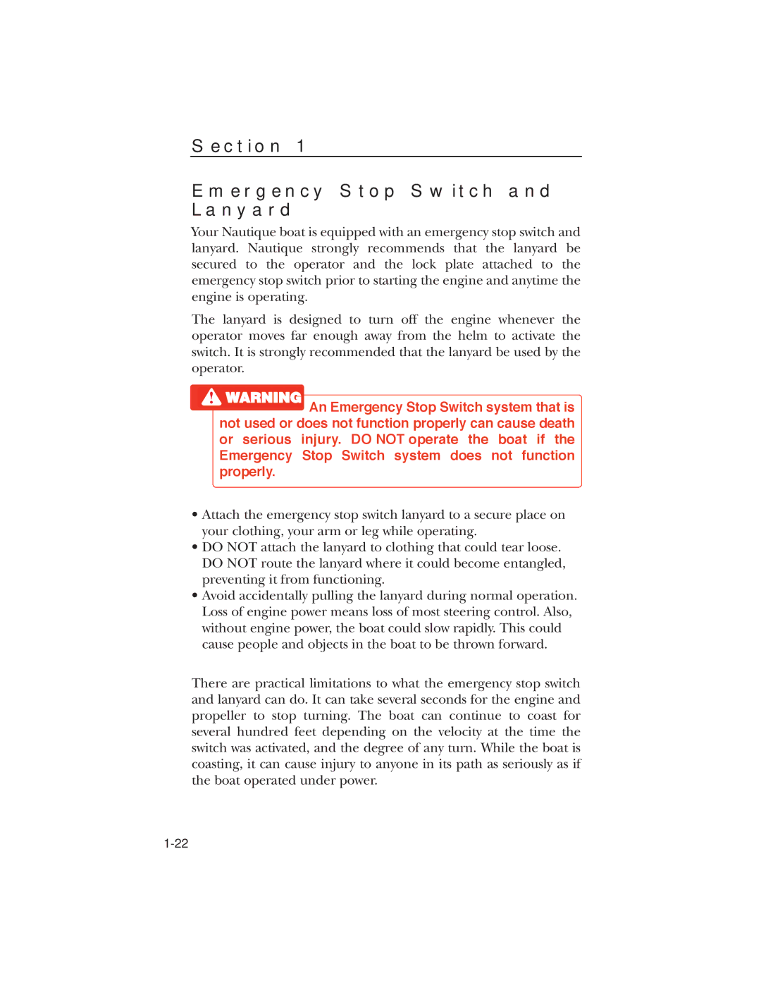 Nautique 90490 manual Section Emergency Stop Switch and Lanyard 