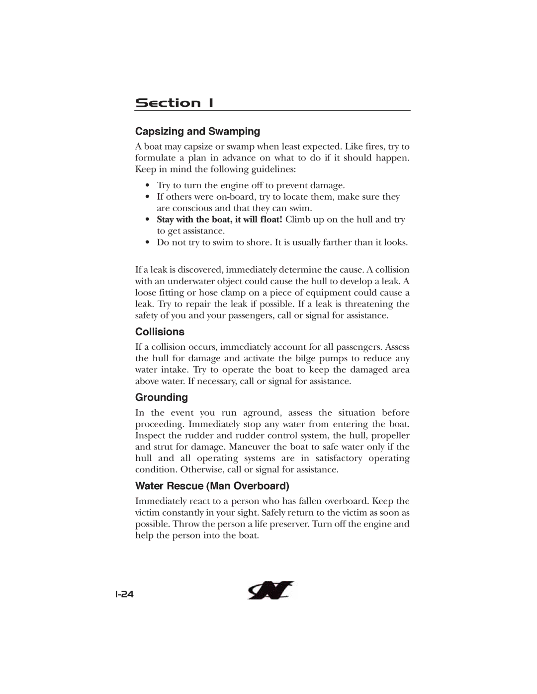 Nautique 90490 manual Capsizing and Swamping, Collisions, Grounding, Water Rescue Man Overboard 