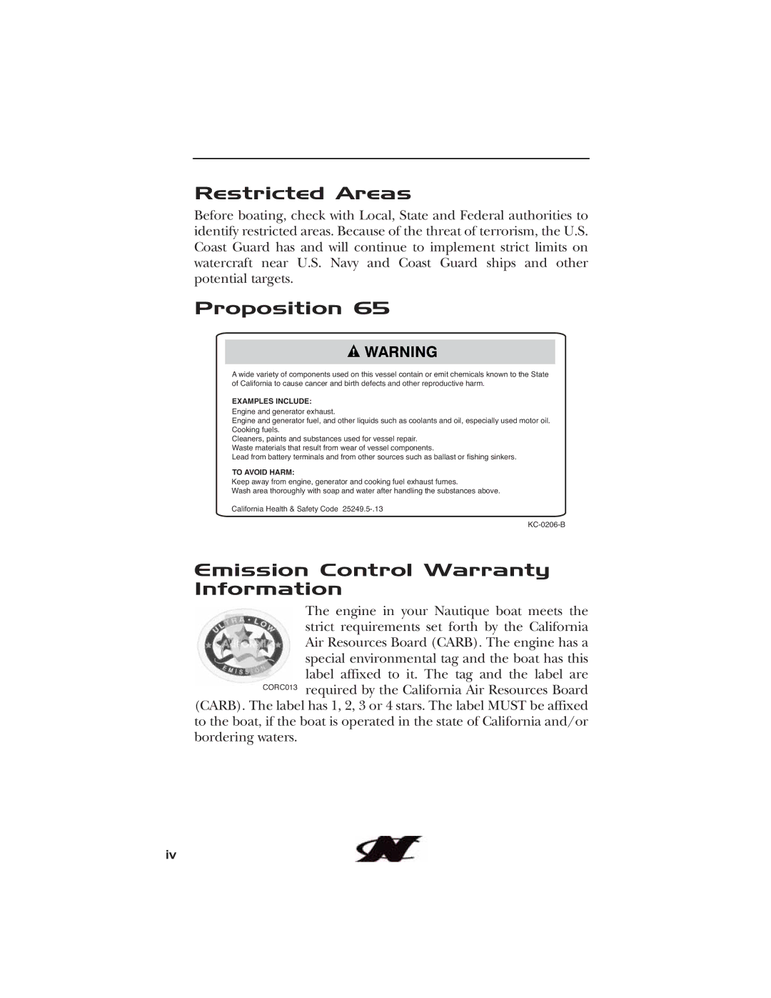 Nautique 90490 manual Restricted Areas, Proposition, Emission Control Warranty Information 