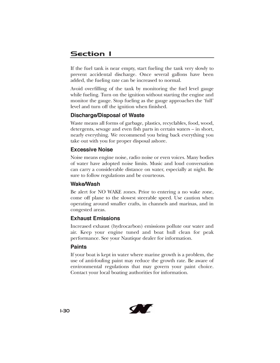 Nautique 90490 manual Discharge/Disposal of Waste, Excessive Noise, Wake/Wash, Exhaust Emissions, Paints 