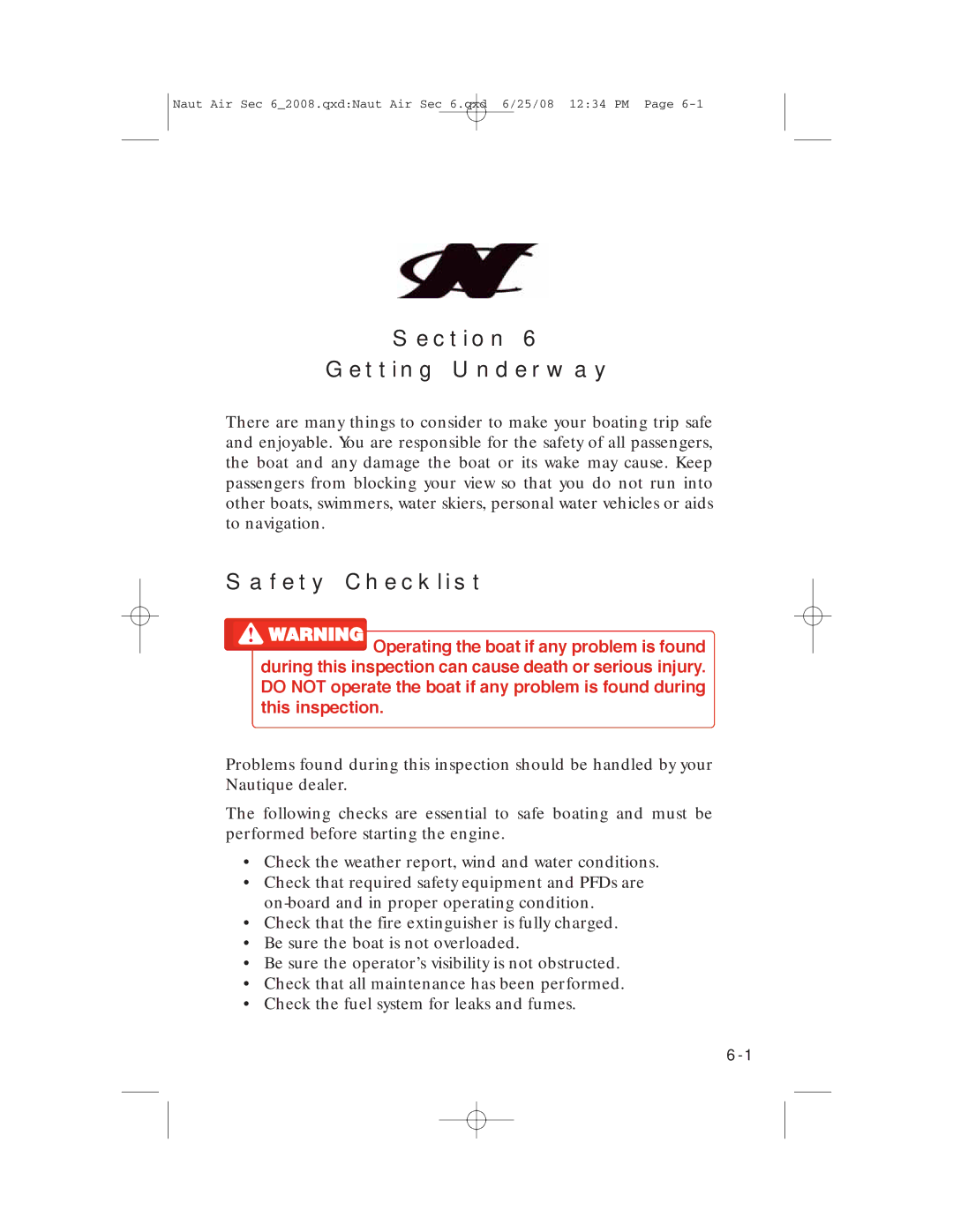 Nautique 80128, aire crossover manual Section Getting Underway, Safety Checklist 