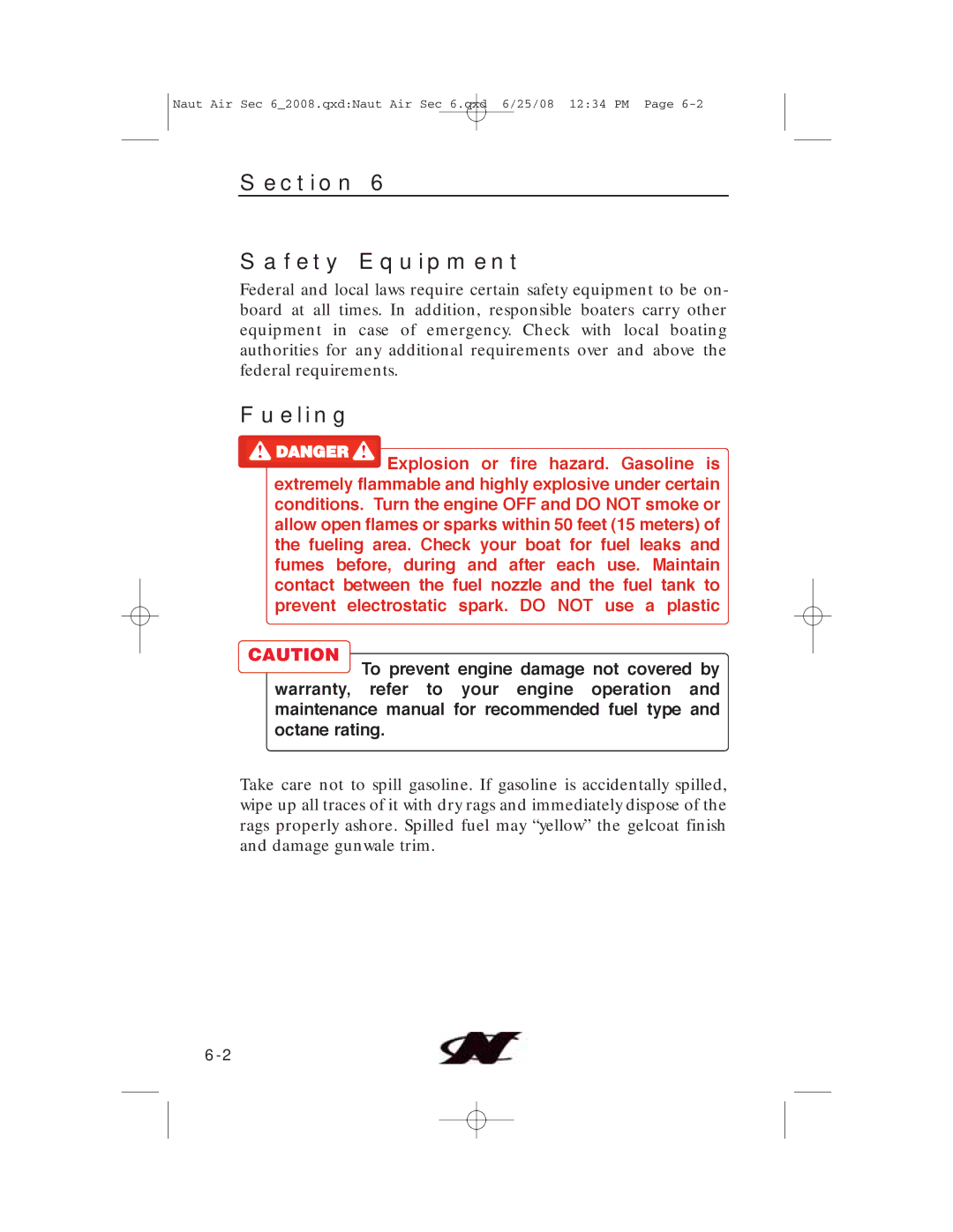 Nautique aire crossover, 80128 manual Section Safety Equipment, Fueling 