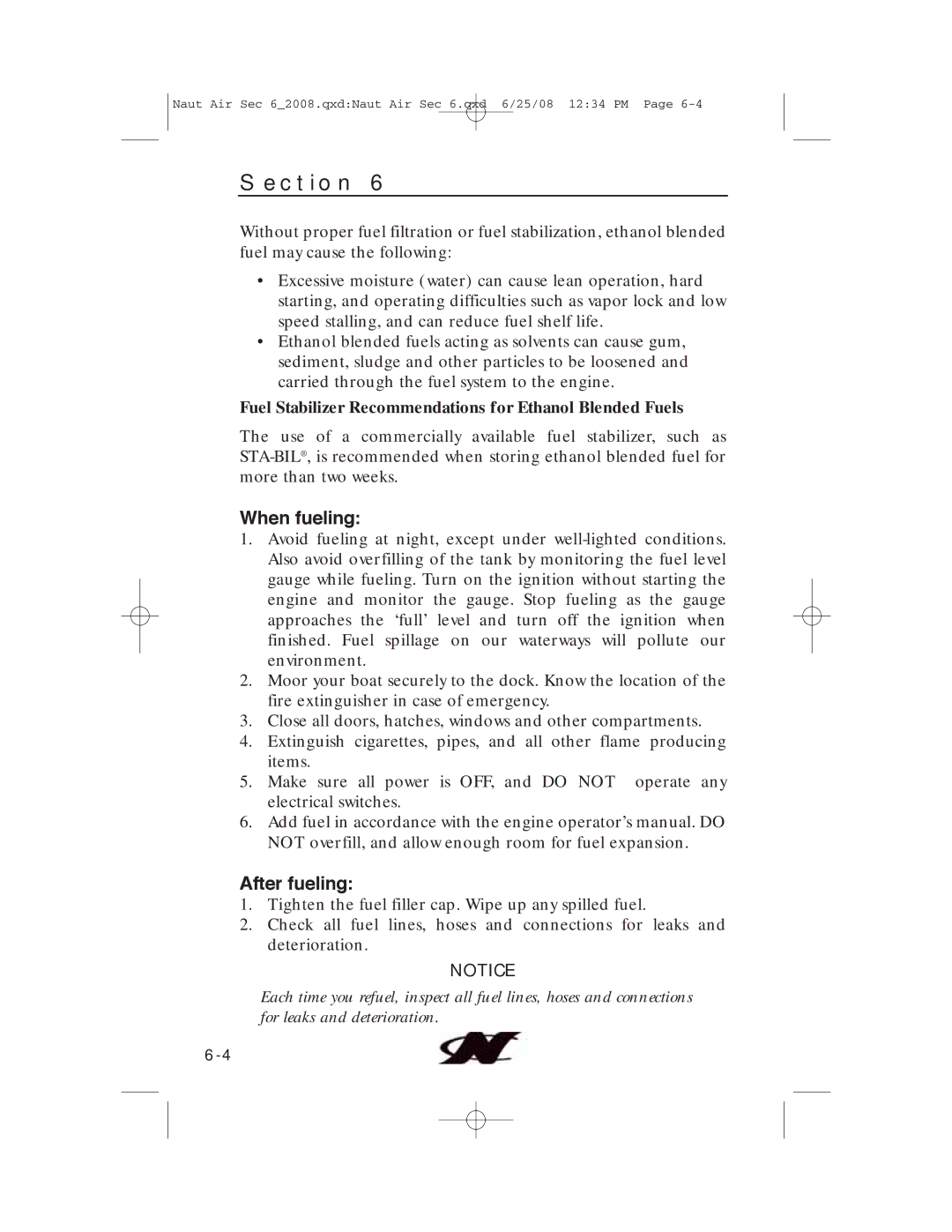 Nautique aire crossover, 80128 manual When fueling, After fueling 