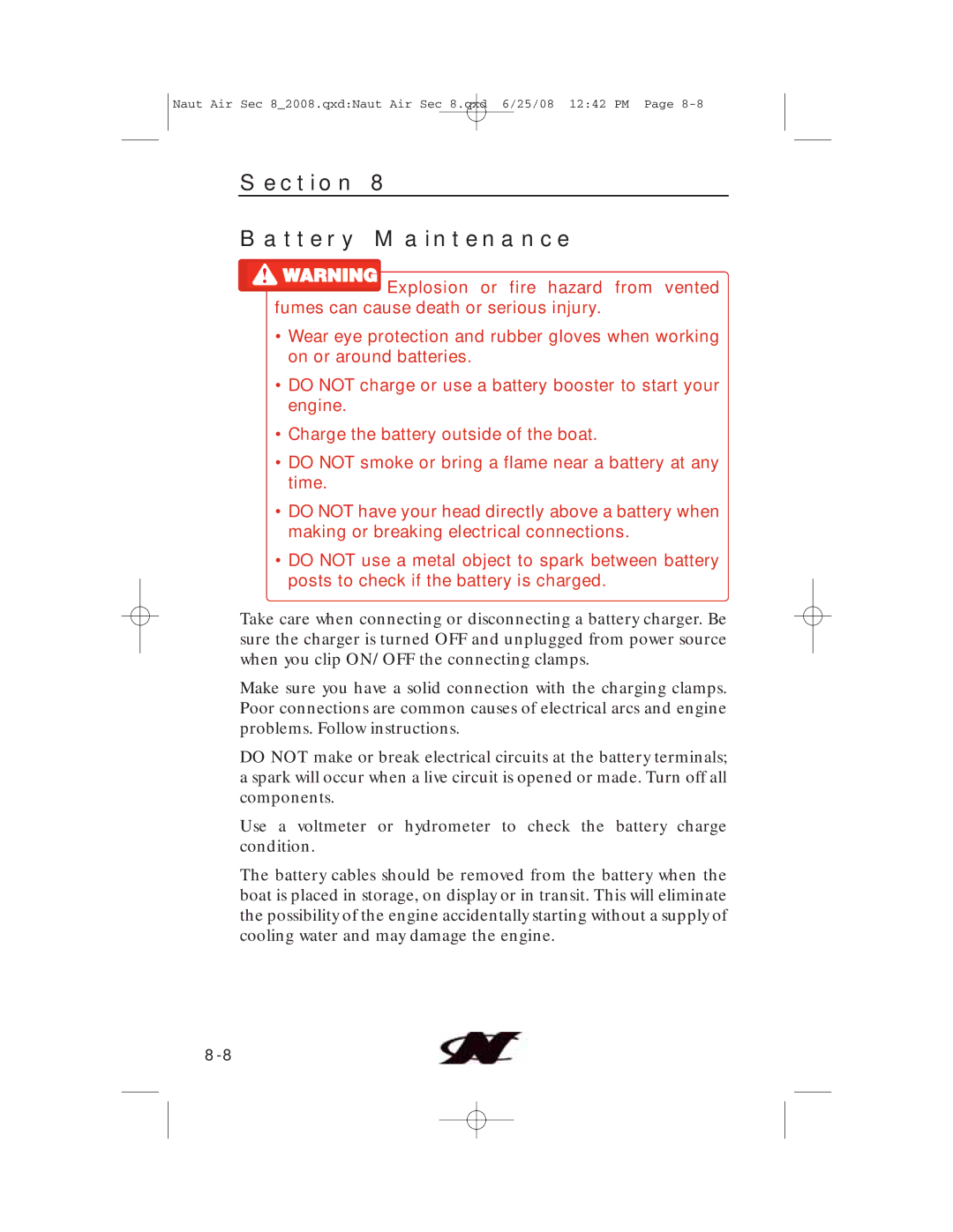 Nautique aire crossover, 80128 manual Section Battery Maintenance 