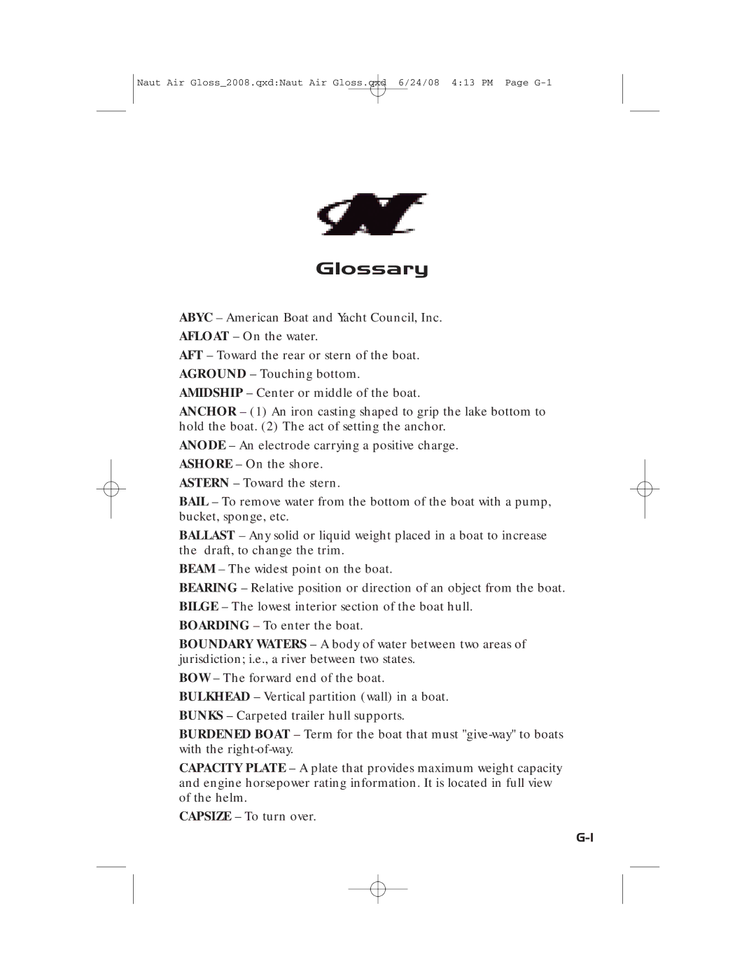 Nautique 80128, aire crossover manual Glossary 