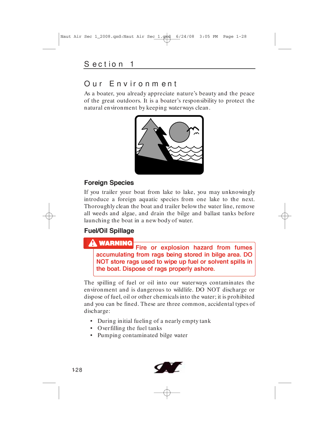 Nautique aire crossover, 80128 manual Section Our Environment, Foreign Species, Fuel/Oil Spillage 