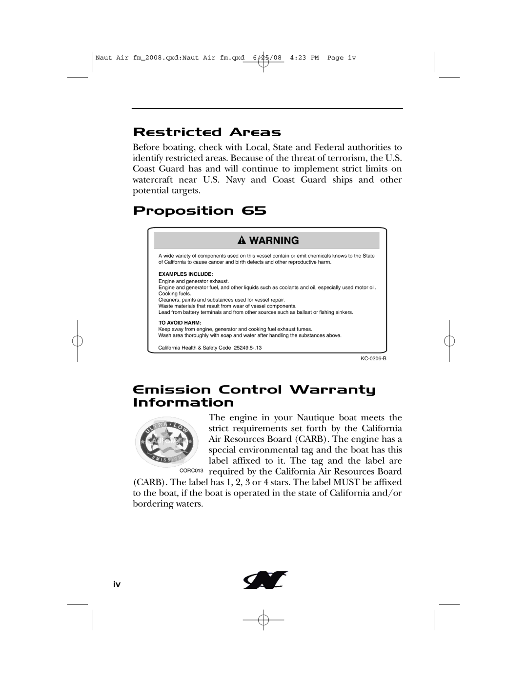 Nautique aire crossover, 80128 manual Restricted Areas 