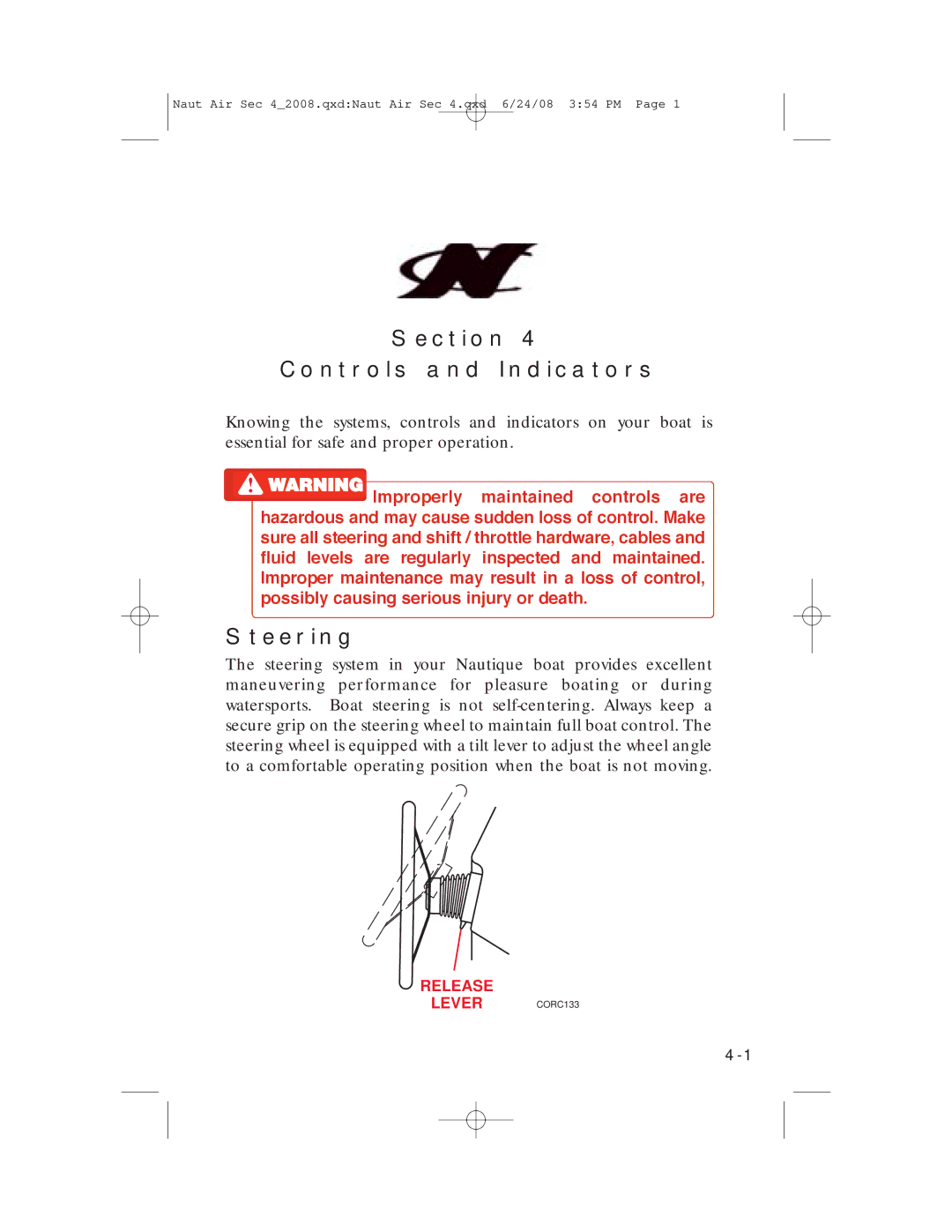 Nautique 80128, aire crossover manual Section Controls and Indicators 