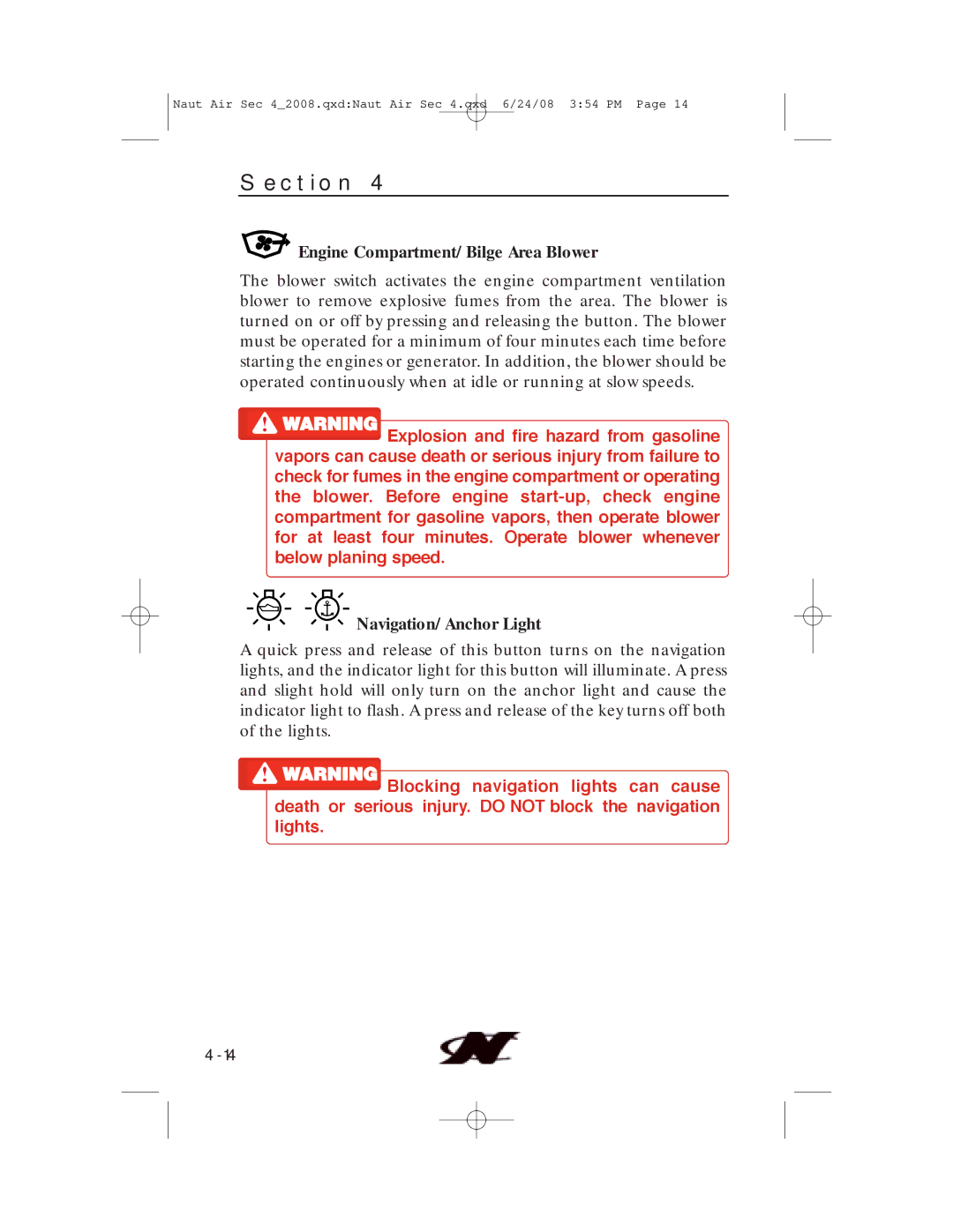 Nautique aire crossover, 80128 manual Engine Compartment/Bilge Area Blower, Navigation/Anchor Light 