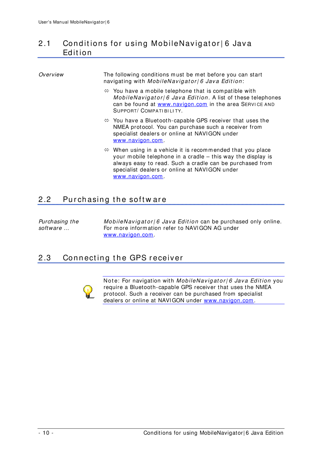 Navigon MN 6 Conditions for using MobileNavigator6 Java Edition, Purchasing the software, Connecting the GPS receiver 