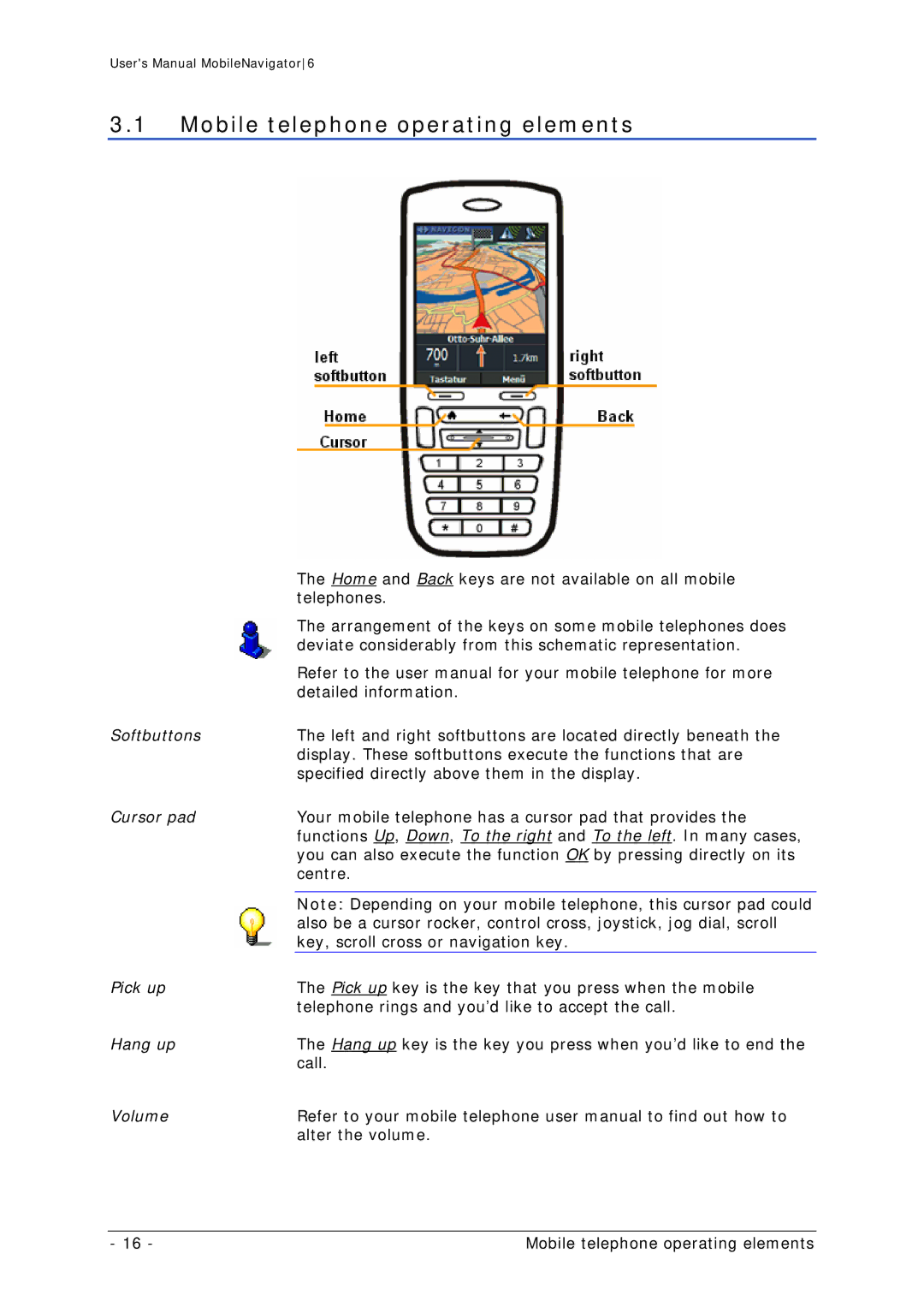 Navigon MN 6 user manual Mobile telephone operating elements 