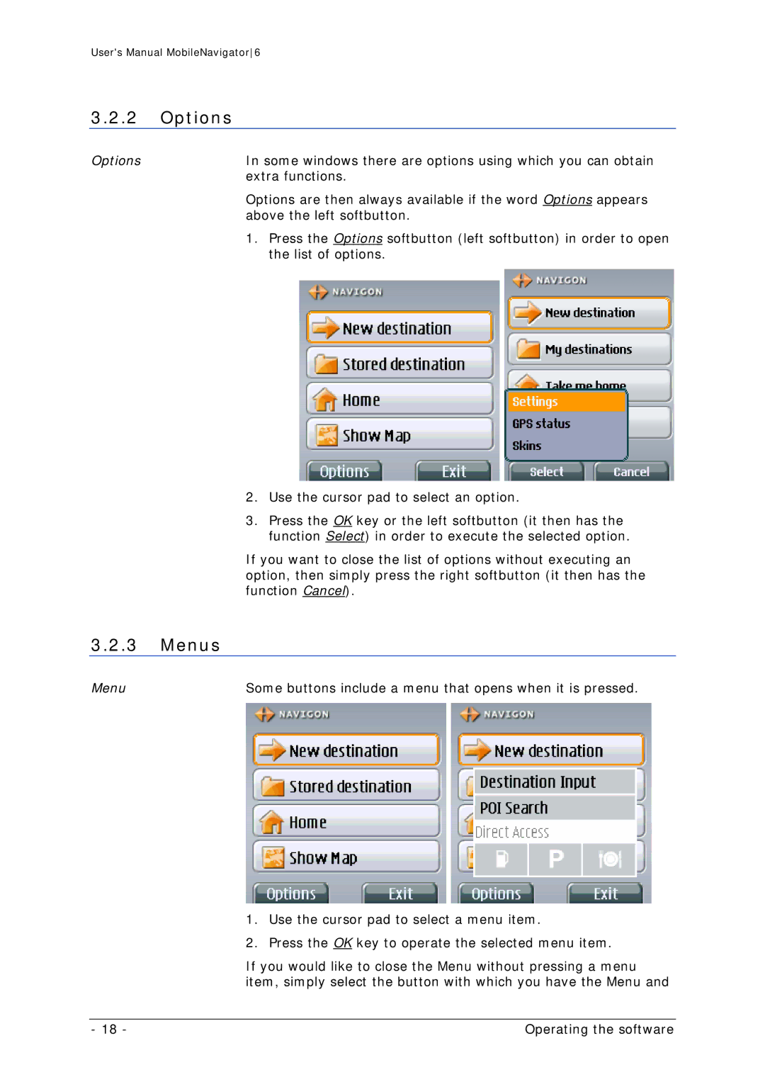 Navigon MN 6 user manual Options, Menus 