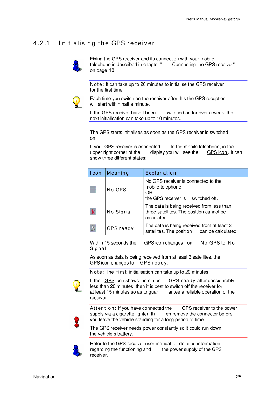 Navigon MN 6 user manual Initialising the GPS receiver 