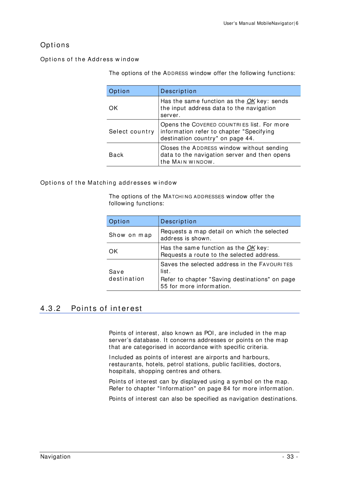 Navigon MN 6 user manual Points of interest, Options 