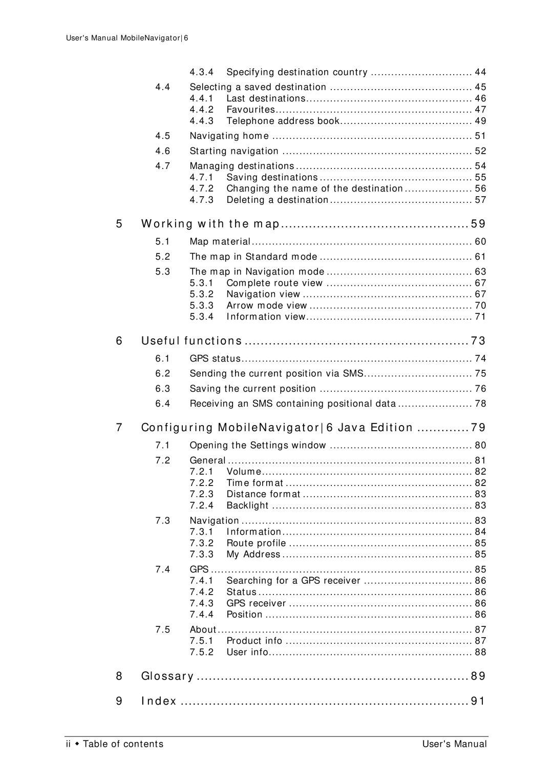 Navigon MN 6 user manual Working with the map, Useful functions, Configuring MobileNavigator6 Java Edition, Index 