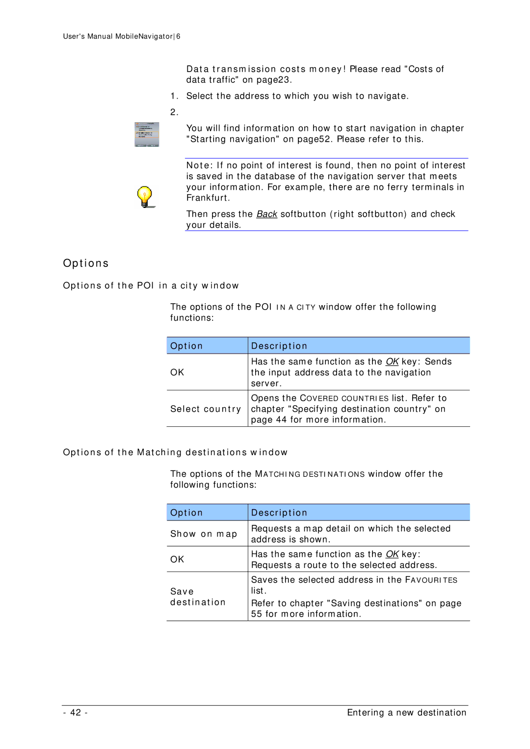 Navigon MN 6 user manual Options of the POI in a city window 