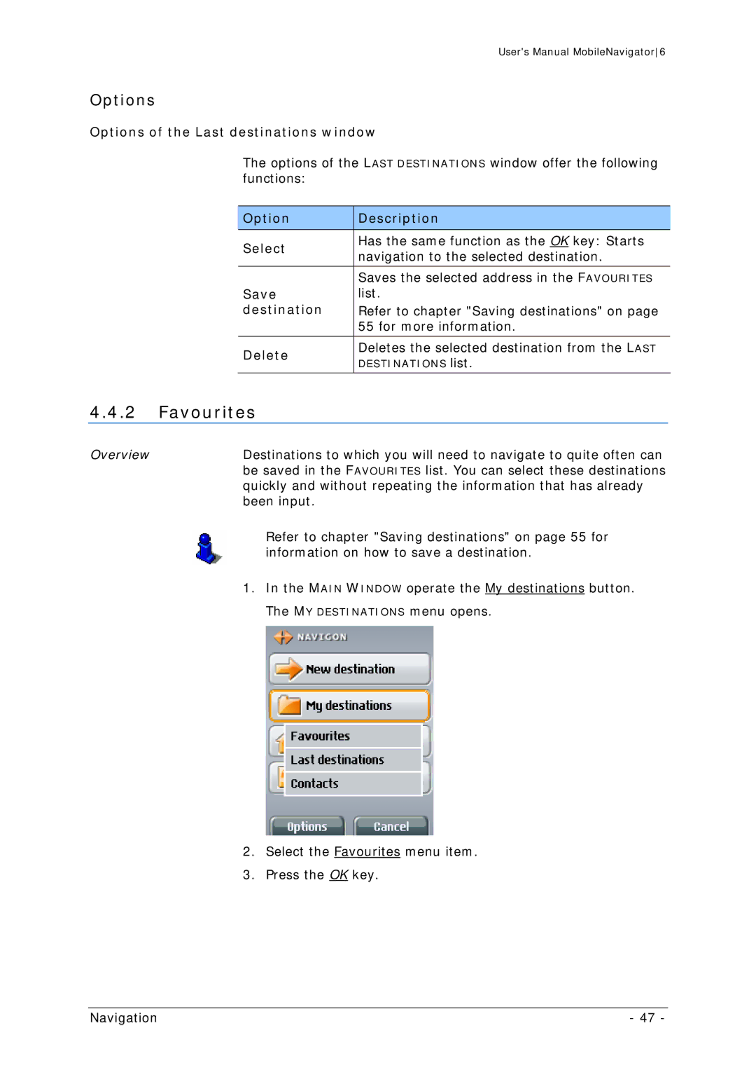 Navigon MN 6 user manual Favourites, Options of the Last destinations window, Option Description Select, Delete 