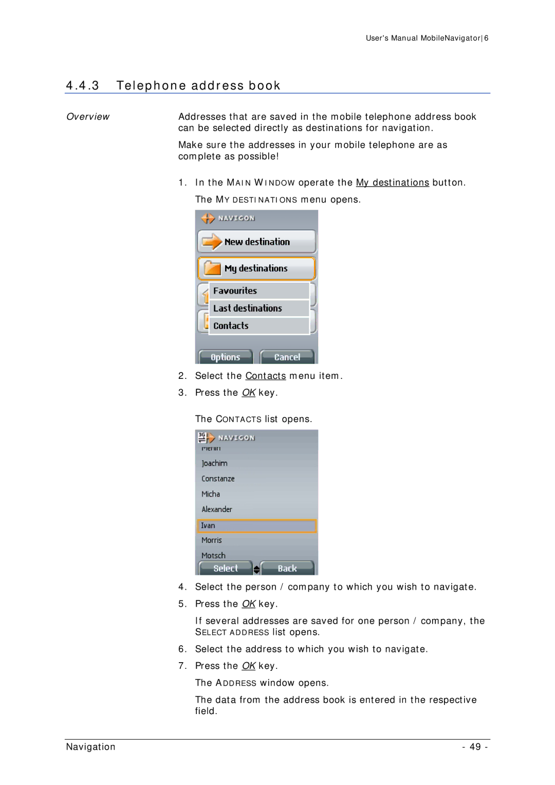 Navigon MN 6 user manual Telephone address book 