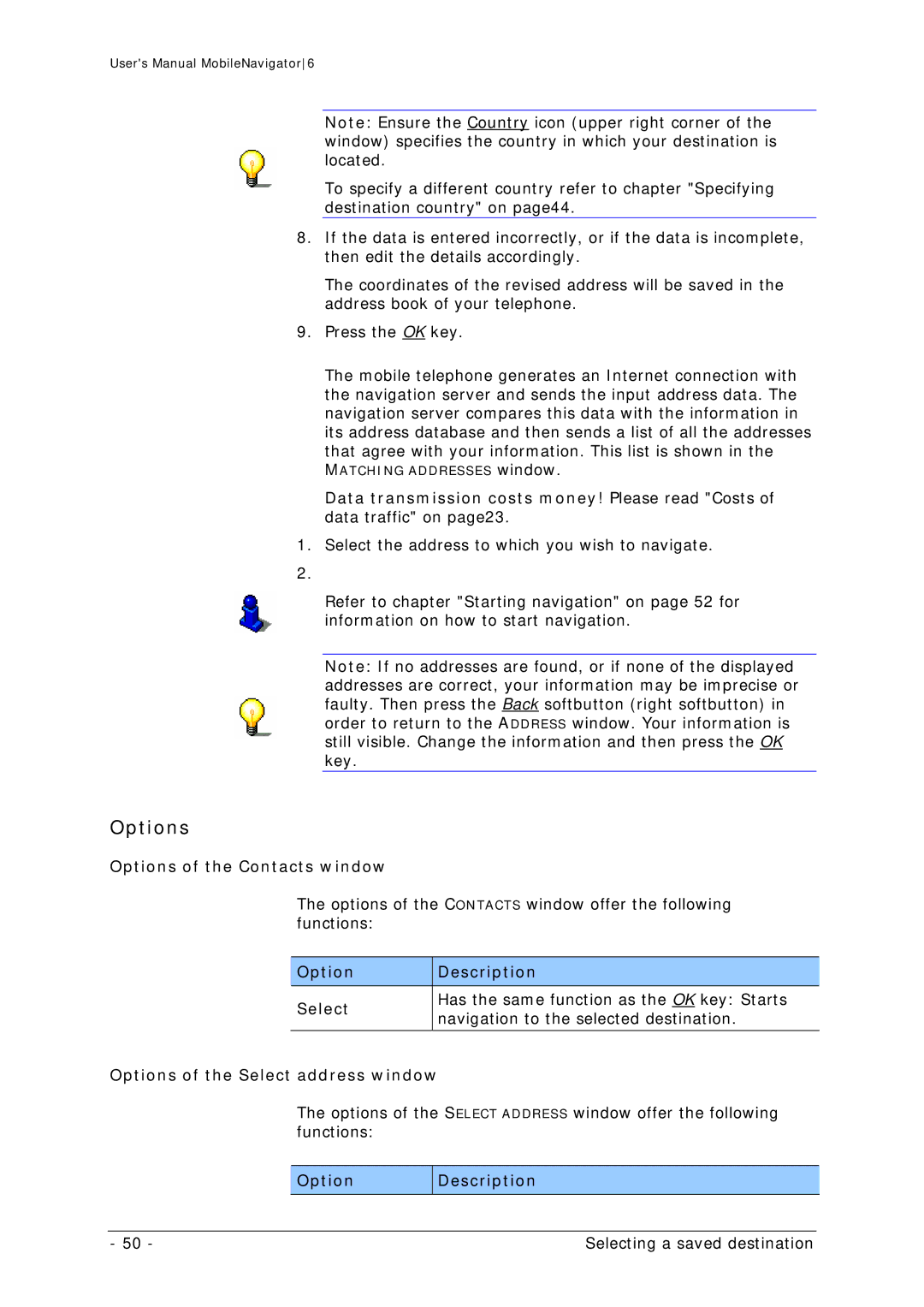 Navigon MN 6 user manual Options of the Contacts window 