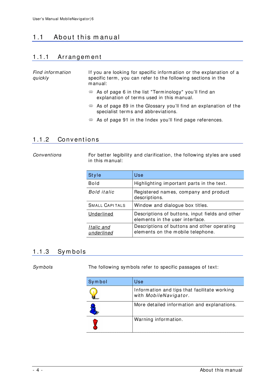 Navigon MN 6 user manual About this manual, Arrangement, Conventions, Symbols 