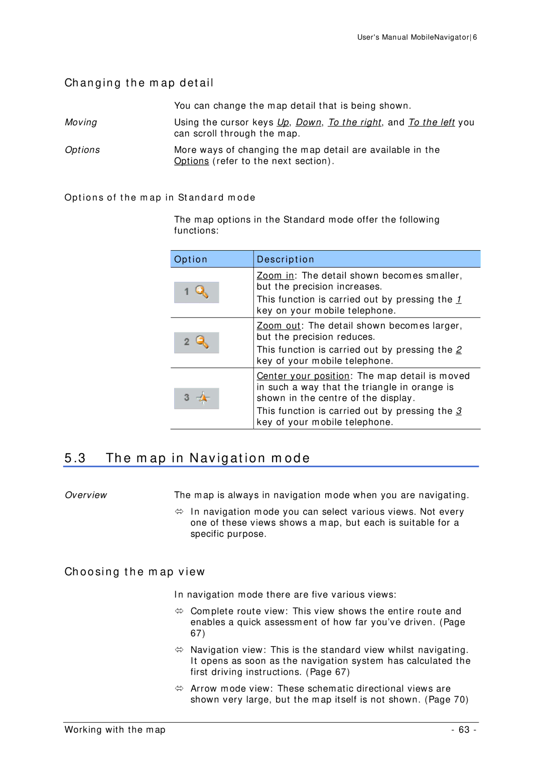 Navigon MN 6 Map in Navigation mode, Changing the map detail, Choosing the map view, Options of the map in Standard mode 