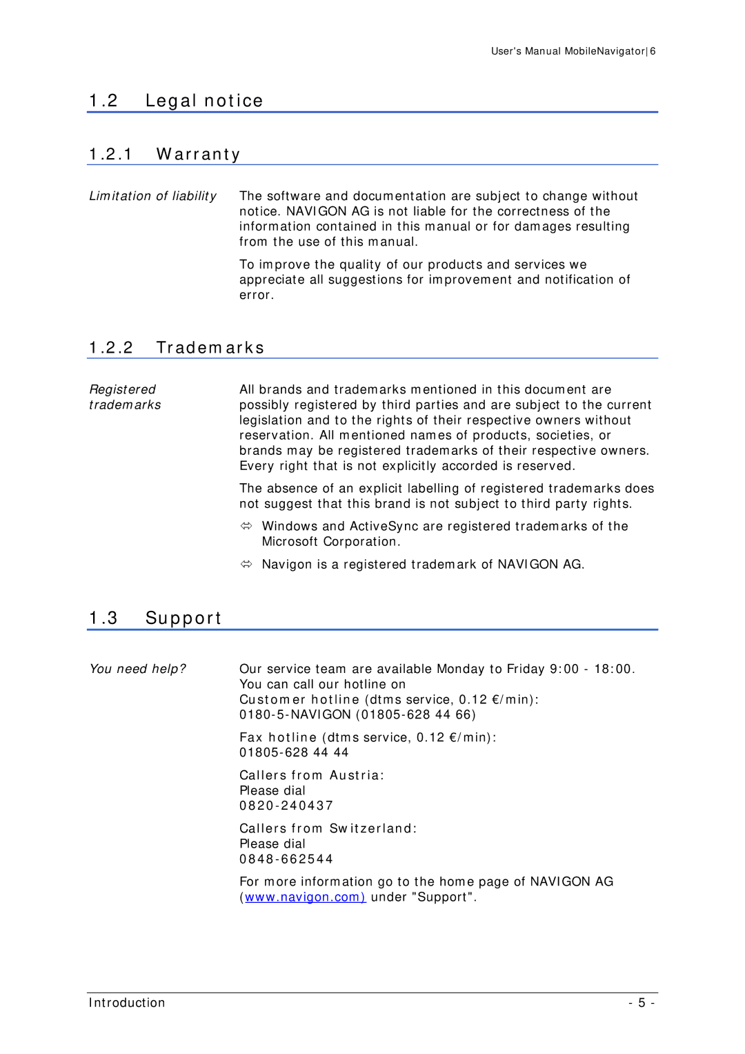 Navigon MN 6 user manual Legal notice, Support, Warranty, Trademarks 