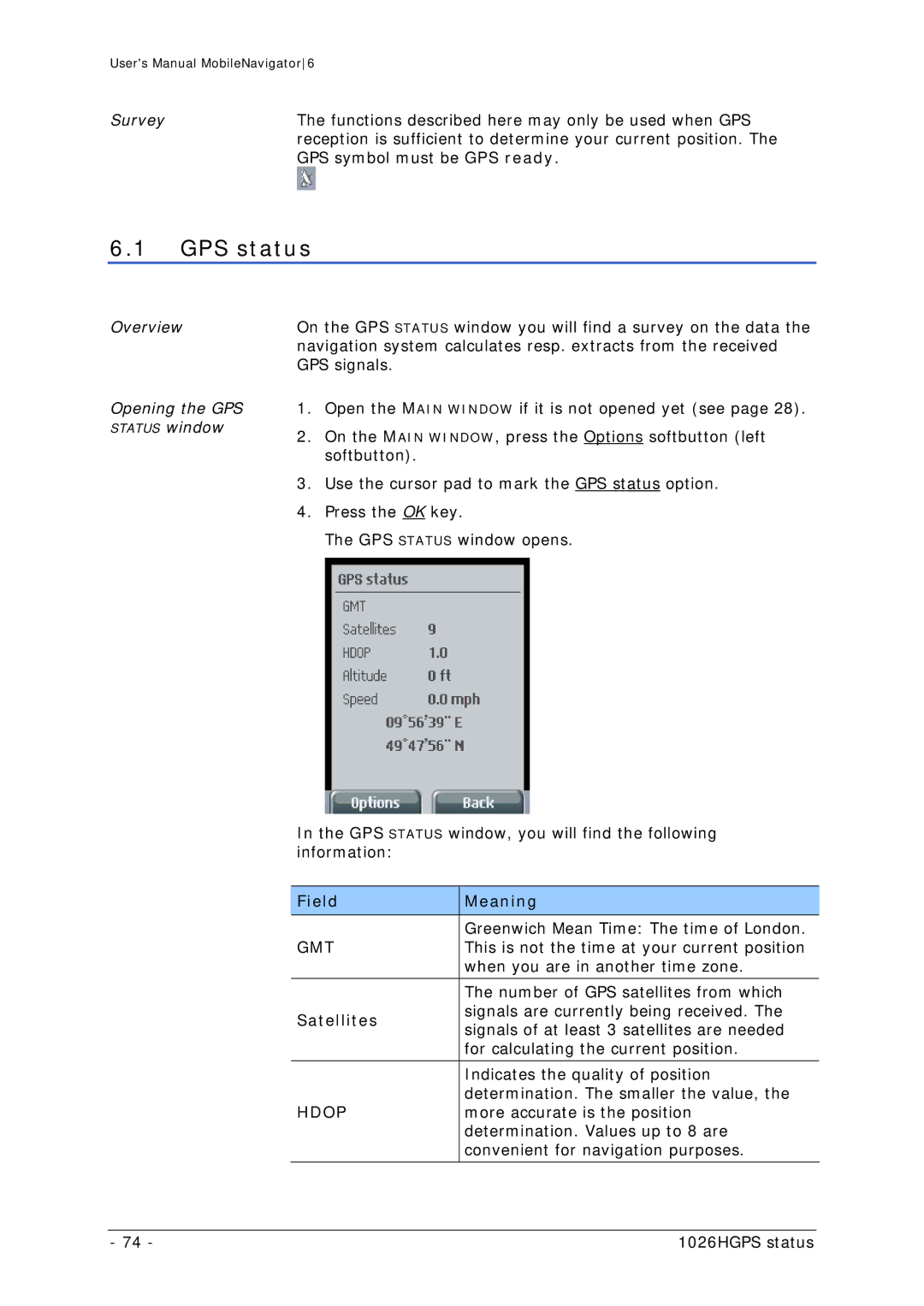 Navigon MN 6 user manual GPS status, Overview Opening the GPS, Satellites 