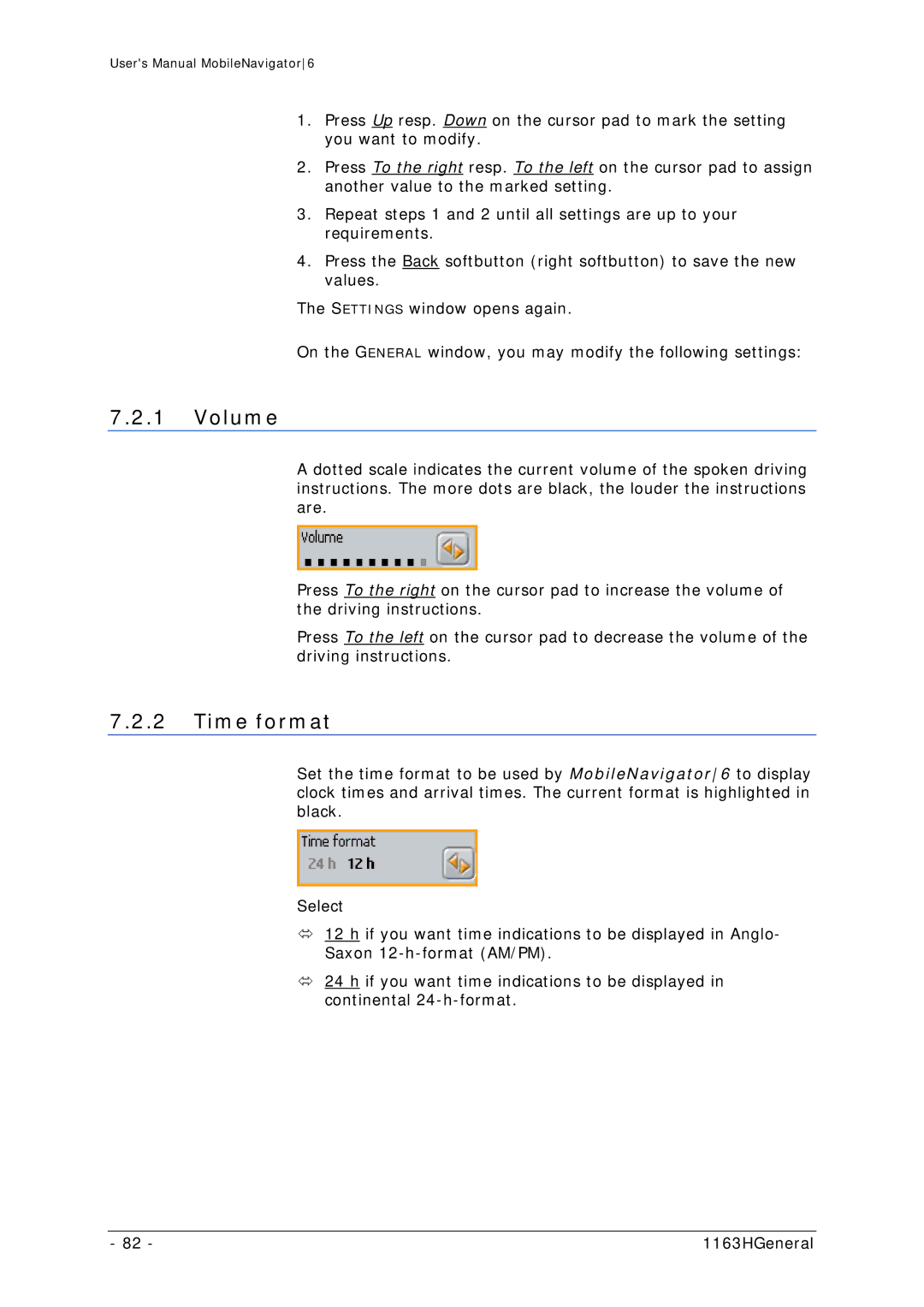 Navigon MN 6 user manual Volume, Time format 