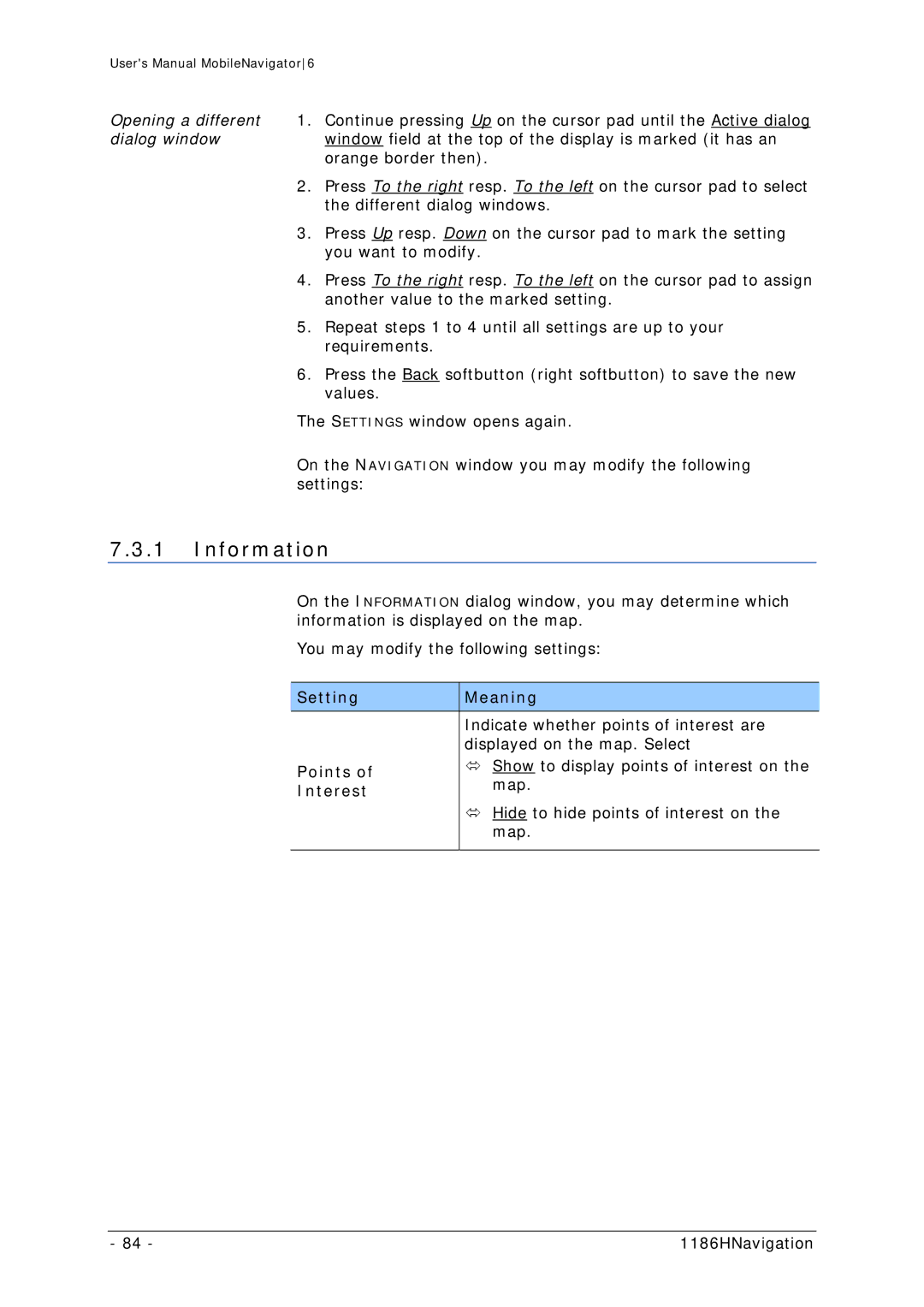 Navigon MN 6 user manual Information, Setting Meaning, Points, Interest 