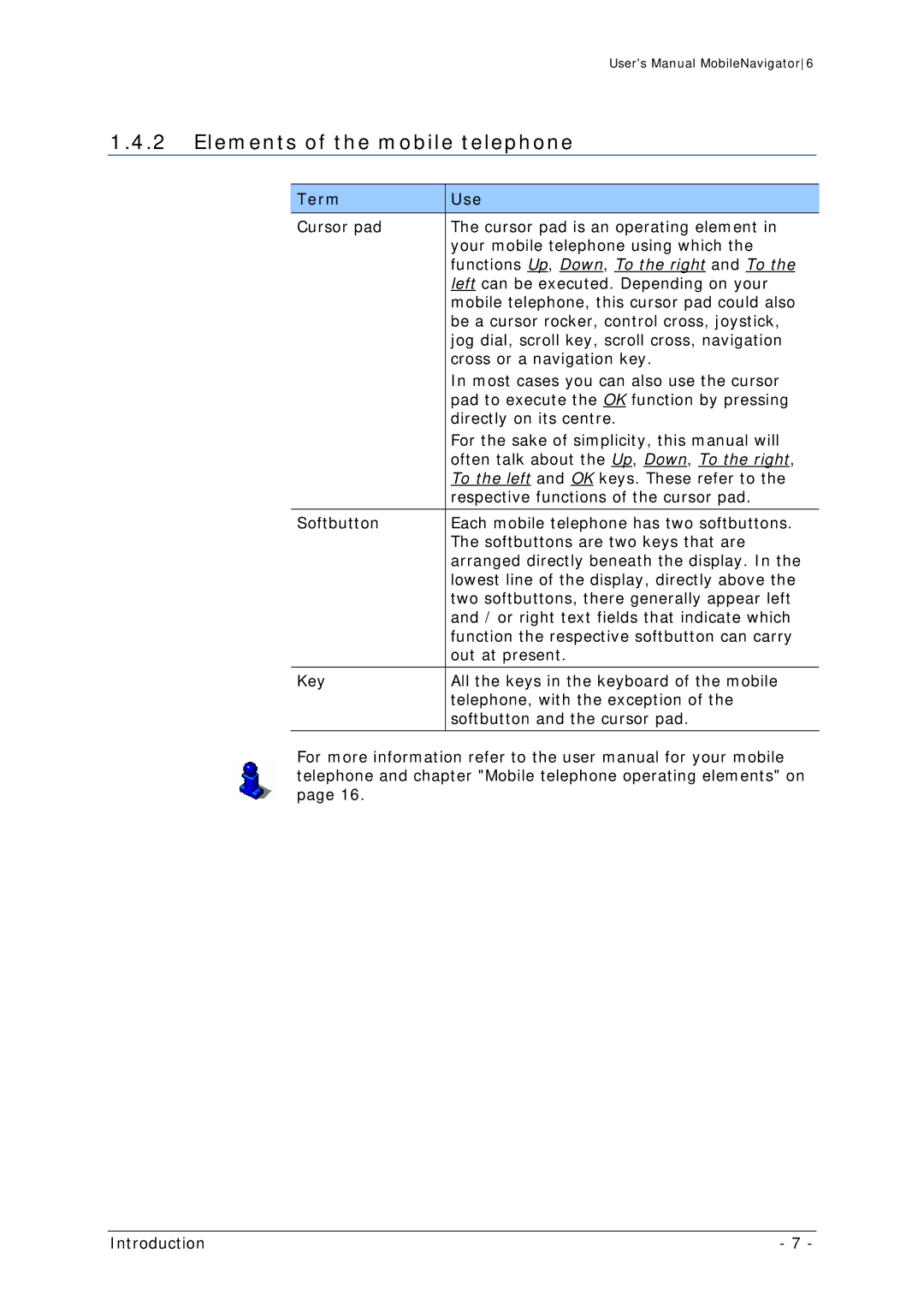 Navigon MN 6 user manual Elements of the mobile telephone, Functions Up , Down , To the right and To 