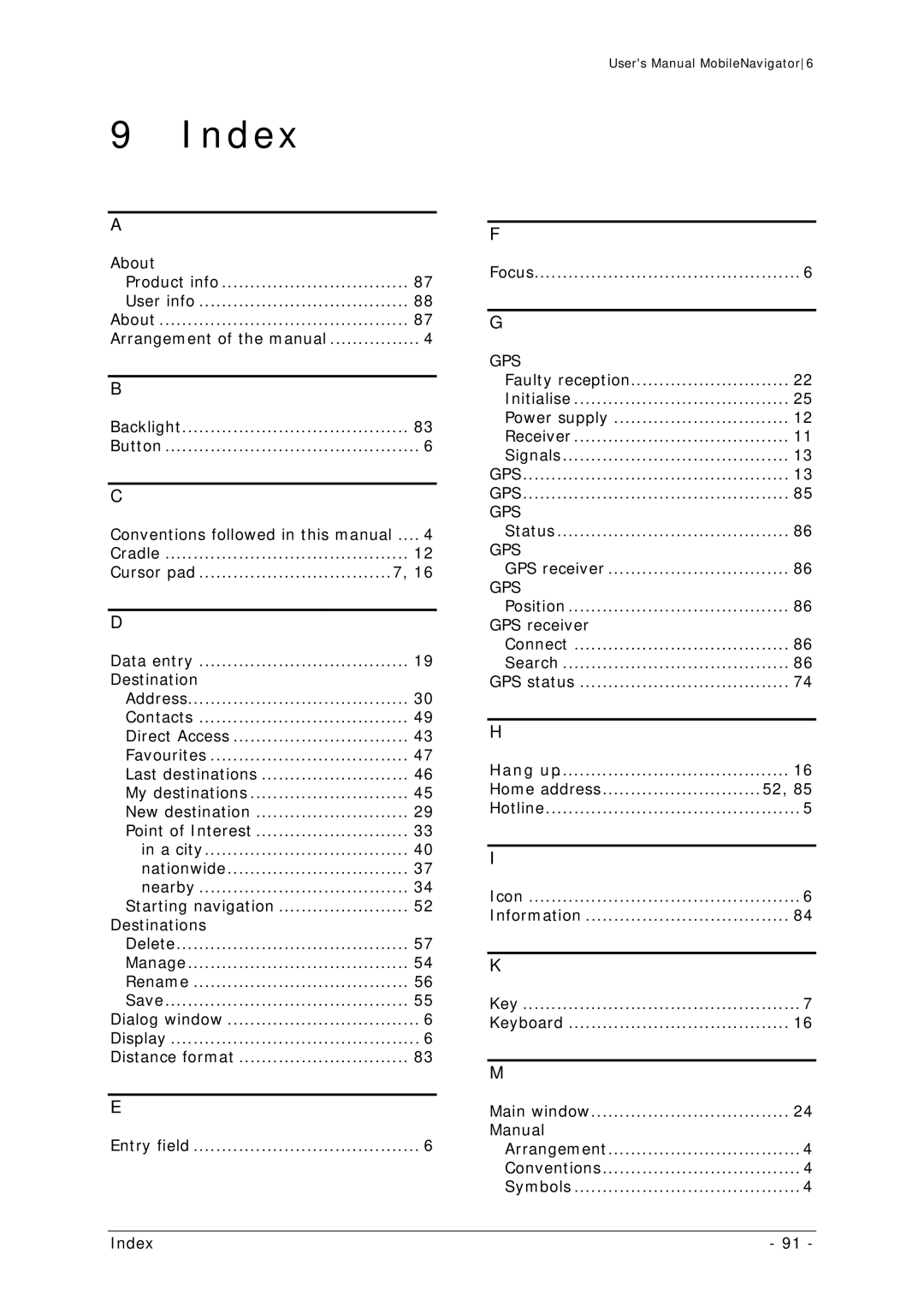 Navigon MN 6 user manual Index, Destination 