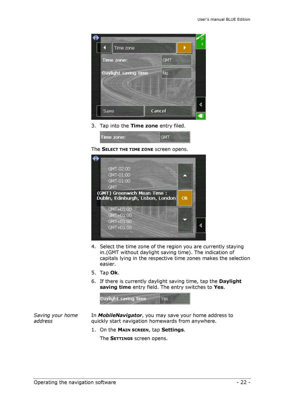 Navigon MN4 user manual Tap into the Time zone entry filed 