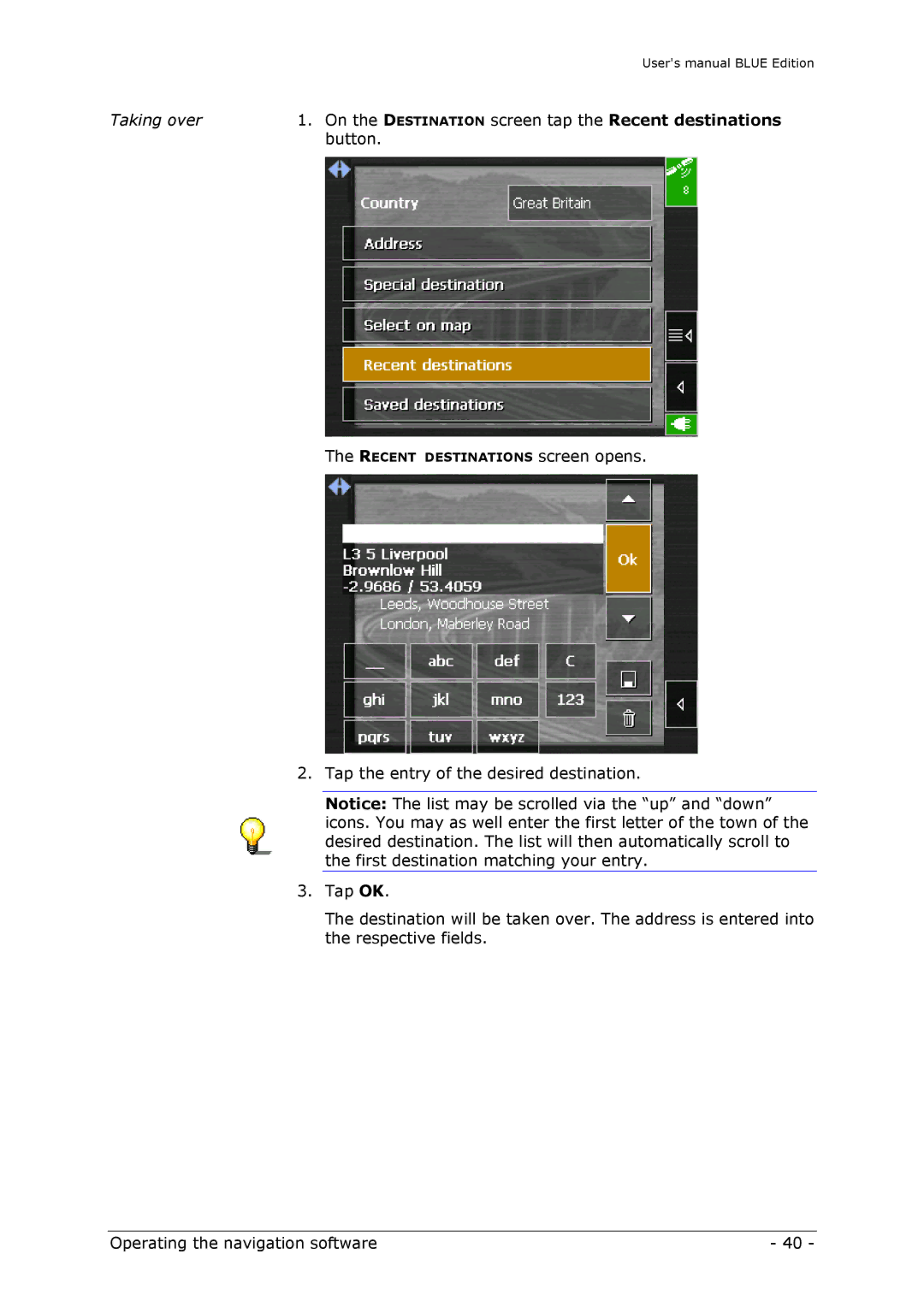 Navigon MN4 user manual Recent Destinations screen opens 