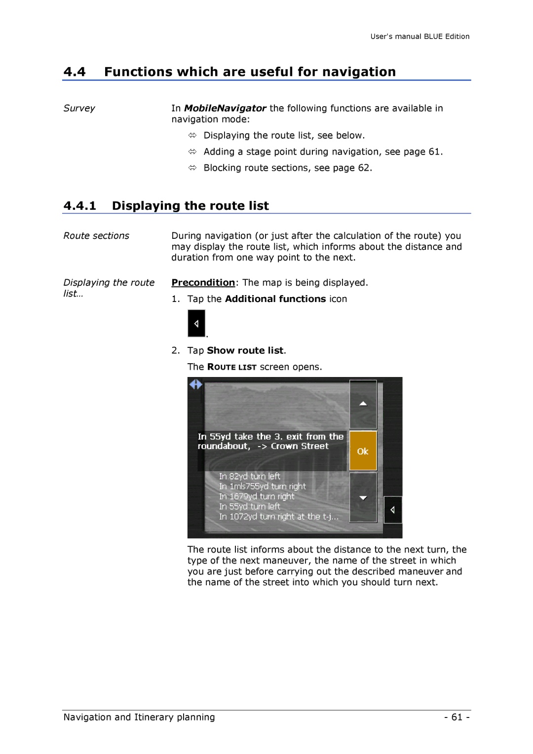 Navigon MN4 user manual Functions which are useful for navigation, Displaying the route list 