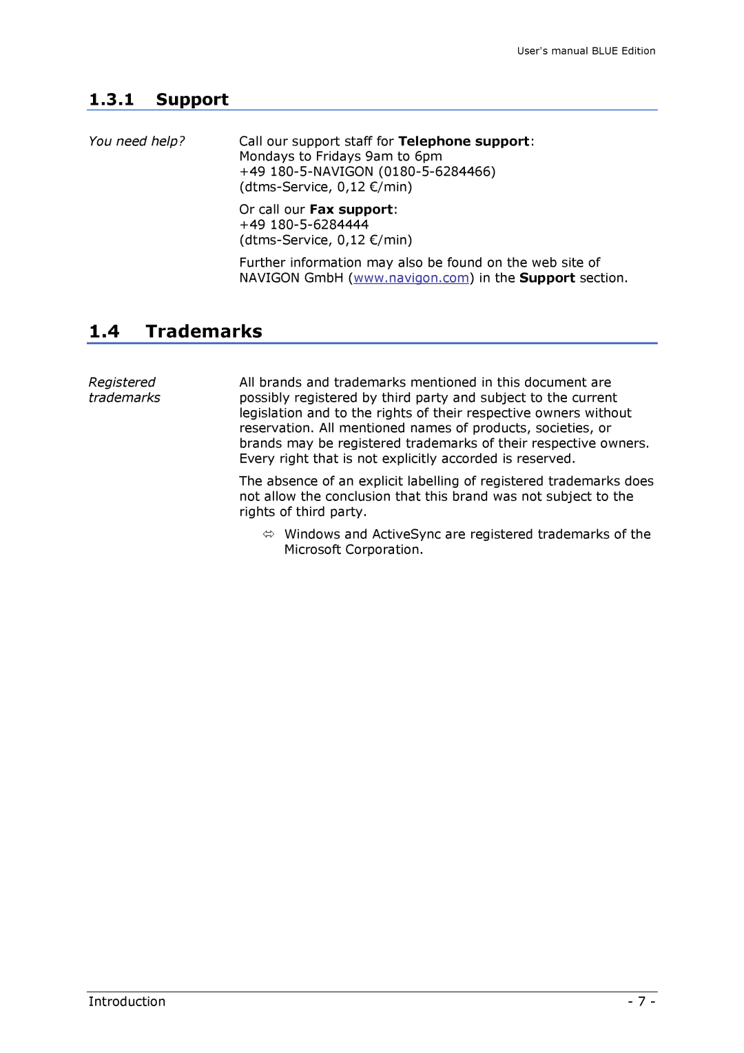 Navigon MN4 user manual Trademarks, Support 