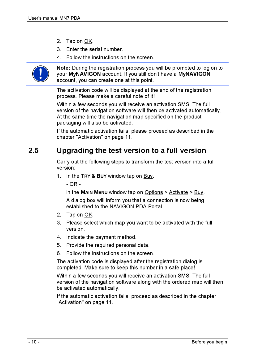 Navigon MN7 user manual Upgrading the test version to a full version 