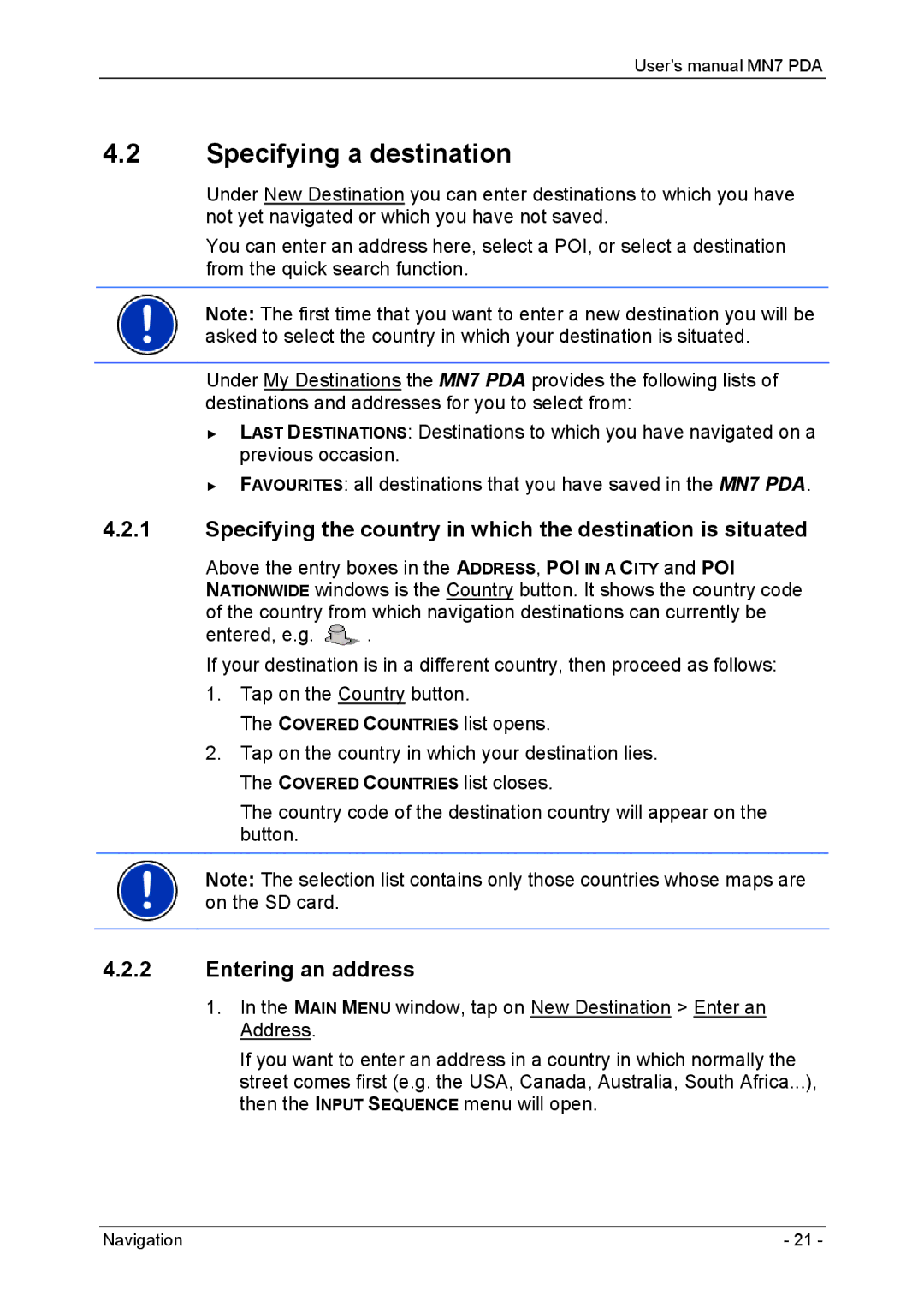 Navigon MN7 Specifying a destination, Specifying the country in which the destination is situated, Entering an address 