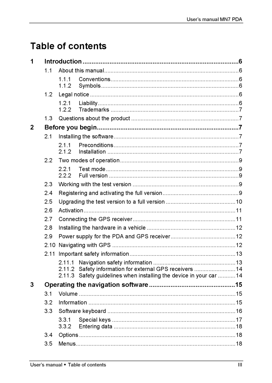 Navigon MN7 user manual Table of contents 