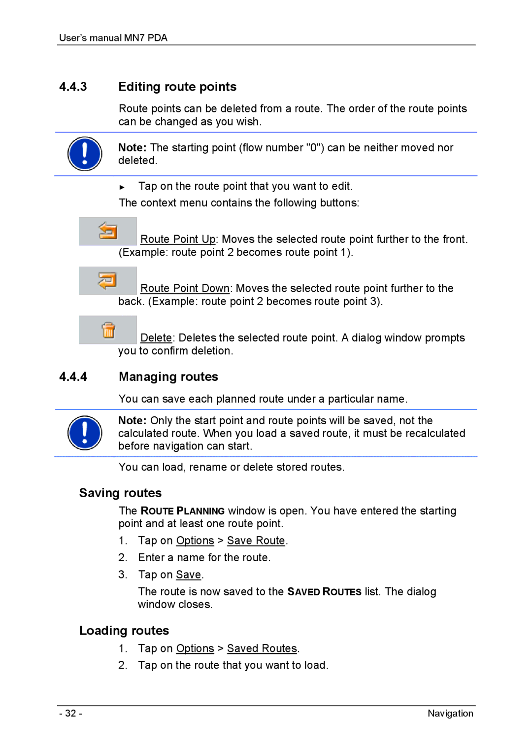 Navigon MN7 user manual Editing route points, Managing routes, Saving routes, Loading routes 