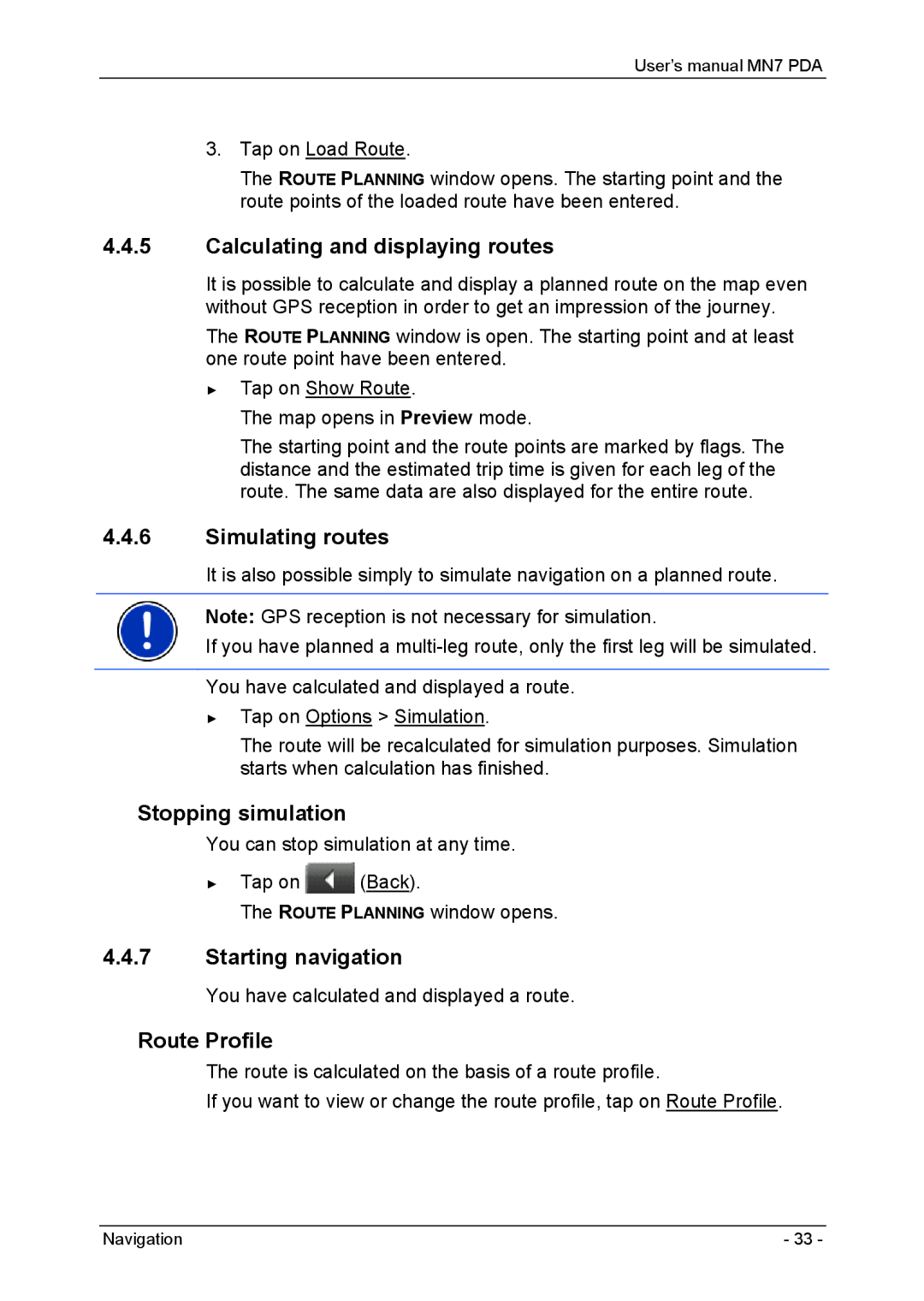 Navigon MN7 user manual Calculating and displaying routes, Simulating routes, Stopping simulation 