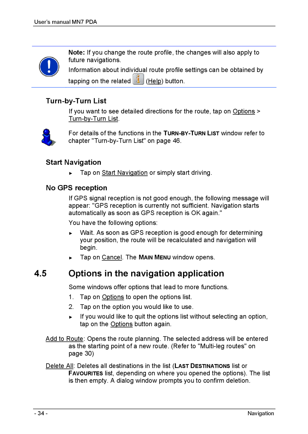 Navigon MN7 user manual Options in the navigation application, Turn-by-Turn List 