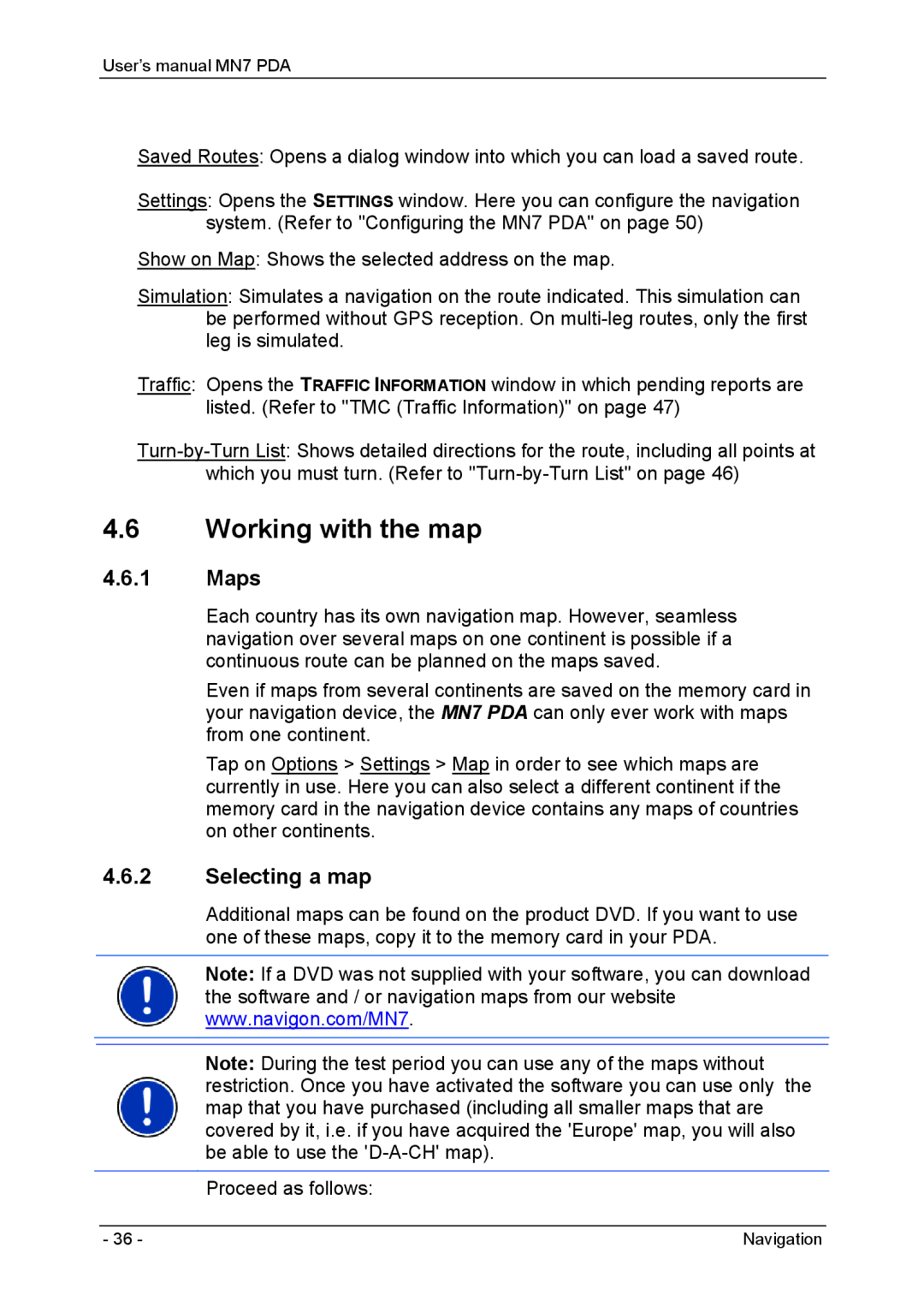 Navigon MN7 user manual Working with the map, Maps, Selecting a map 