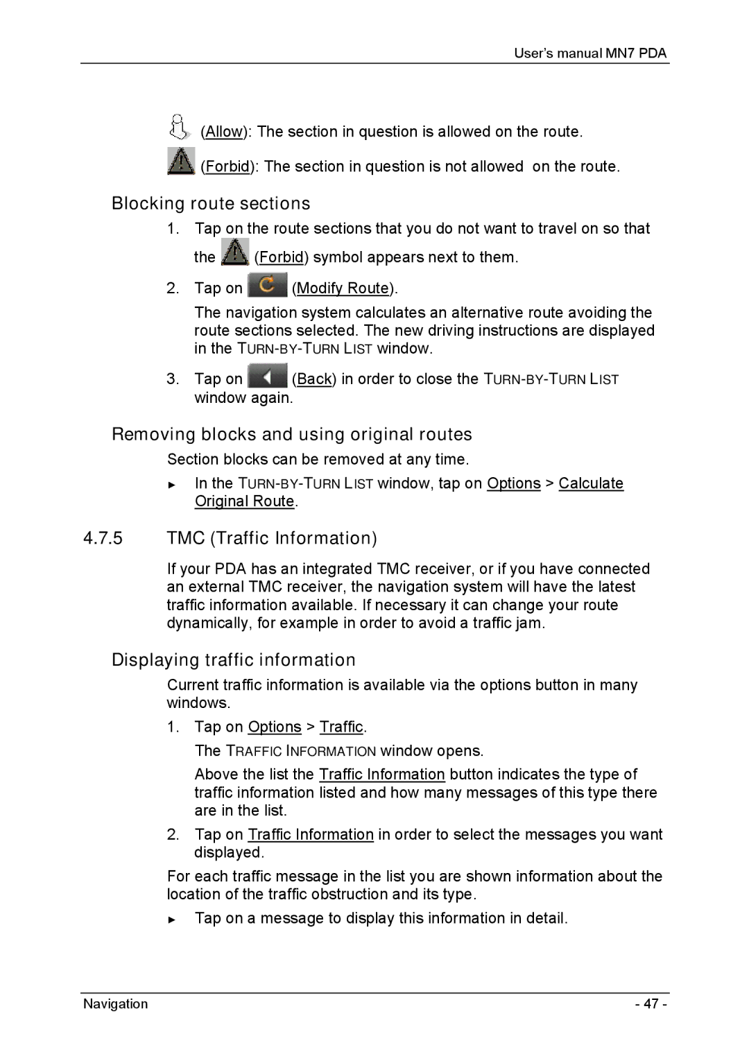 Navigon MN7 user manual Blocking route sections, Removing blocks and using original routes, Displaying traffic information 