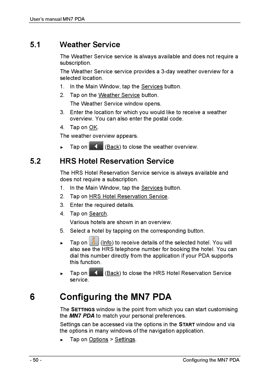 Navigon user manual Configuring the MN7 PDA, Weather Service, HRS Hotel Reservation Service 