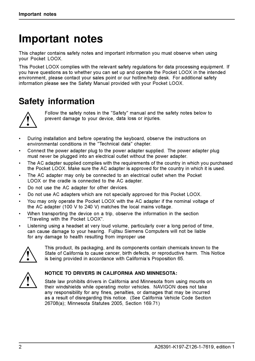 Navigon N100 user manual Important notes, Safety information 