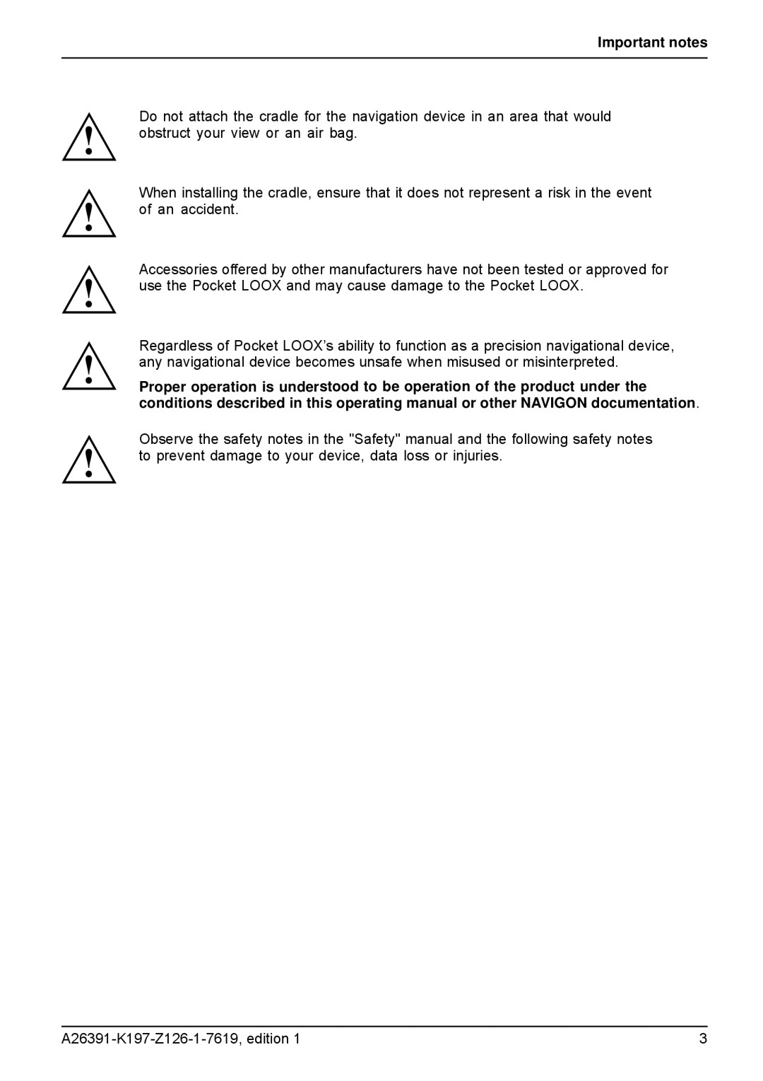 Navigon N100 user manual Important notes 