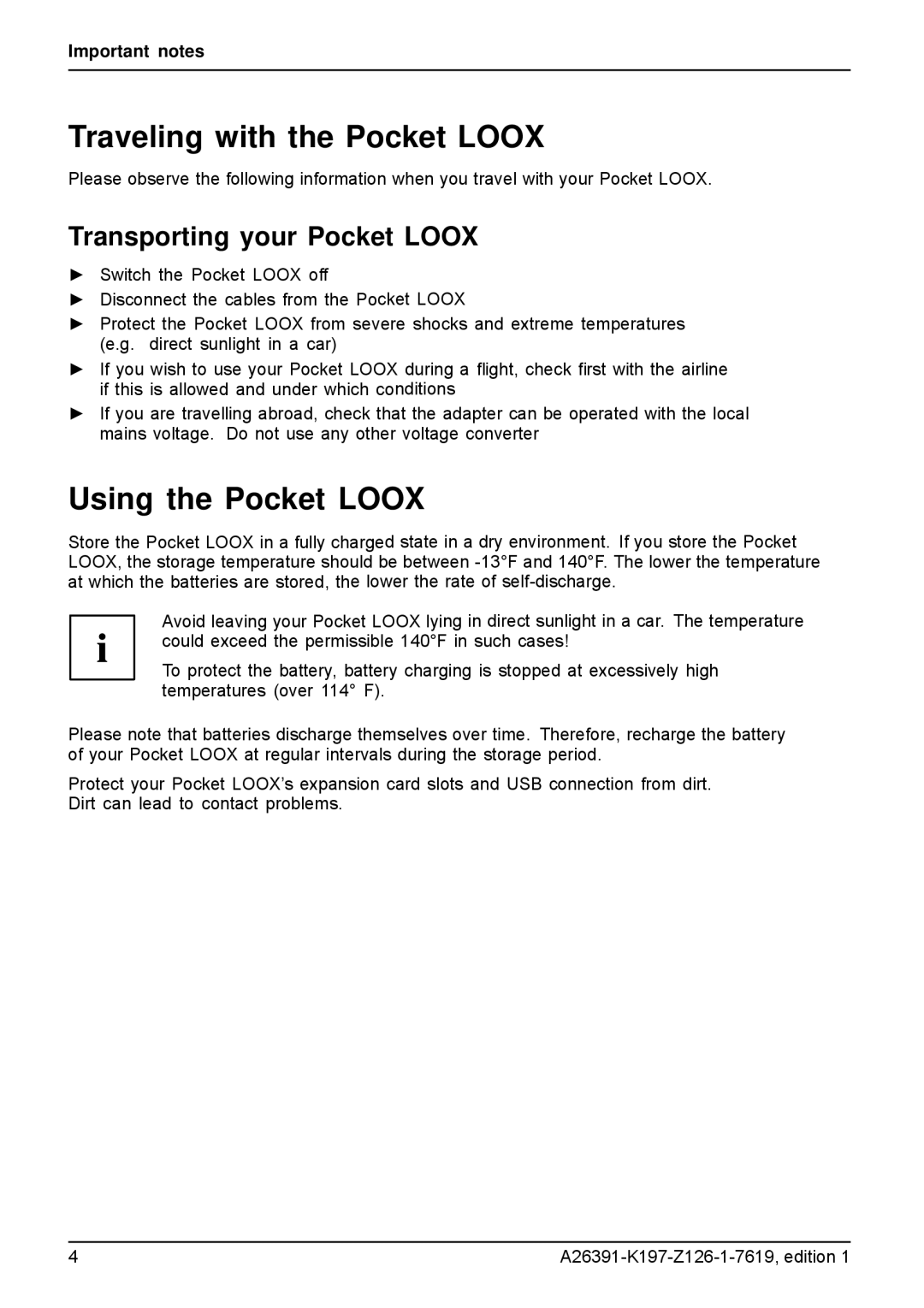 Navigon N100 user manual Traveling with the Pocket Loox, Using the Pocket Loox, Transporting your Pocket Loox 