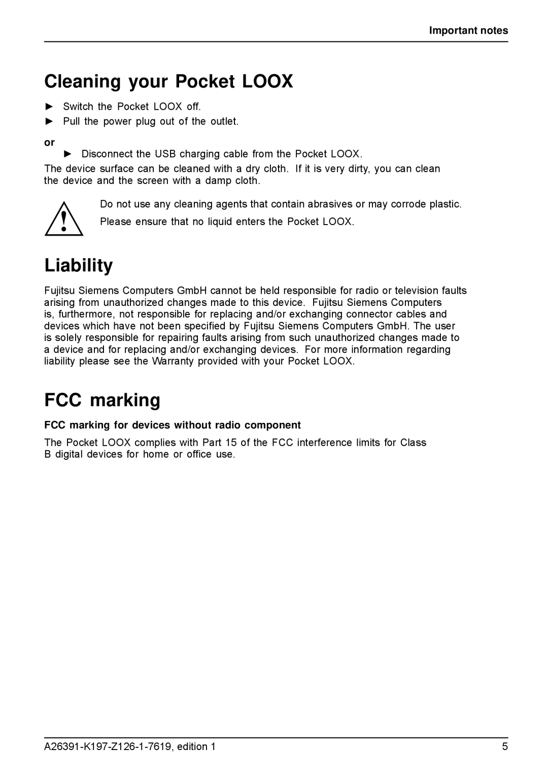 Navigon N100 user manual Cleaning your Pocket Loox, Liability, FCC marking for devices without radio component 